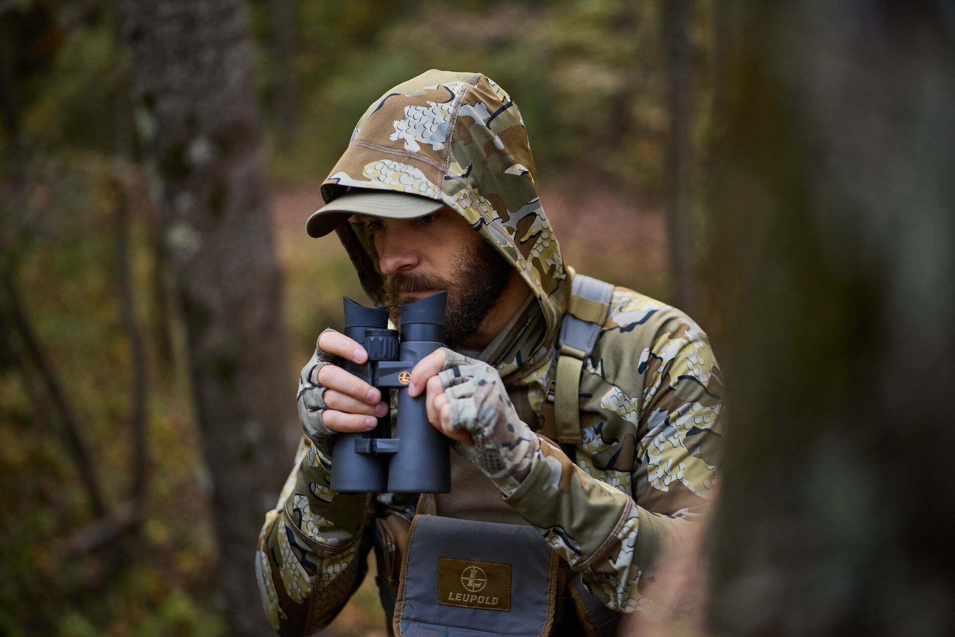 Hunter with binoculars in the woods, best optics for mule deer hunting concept.