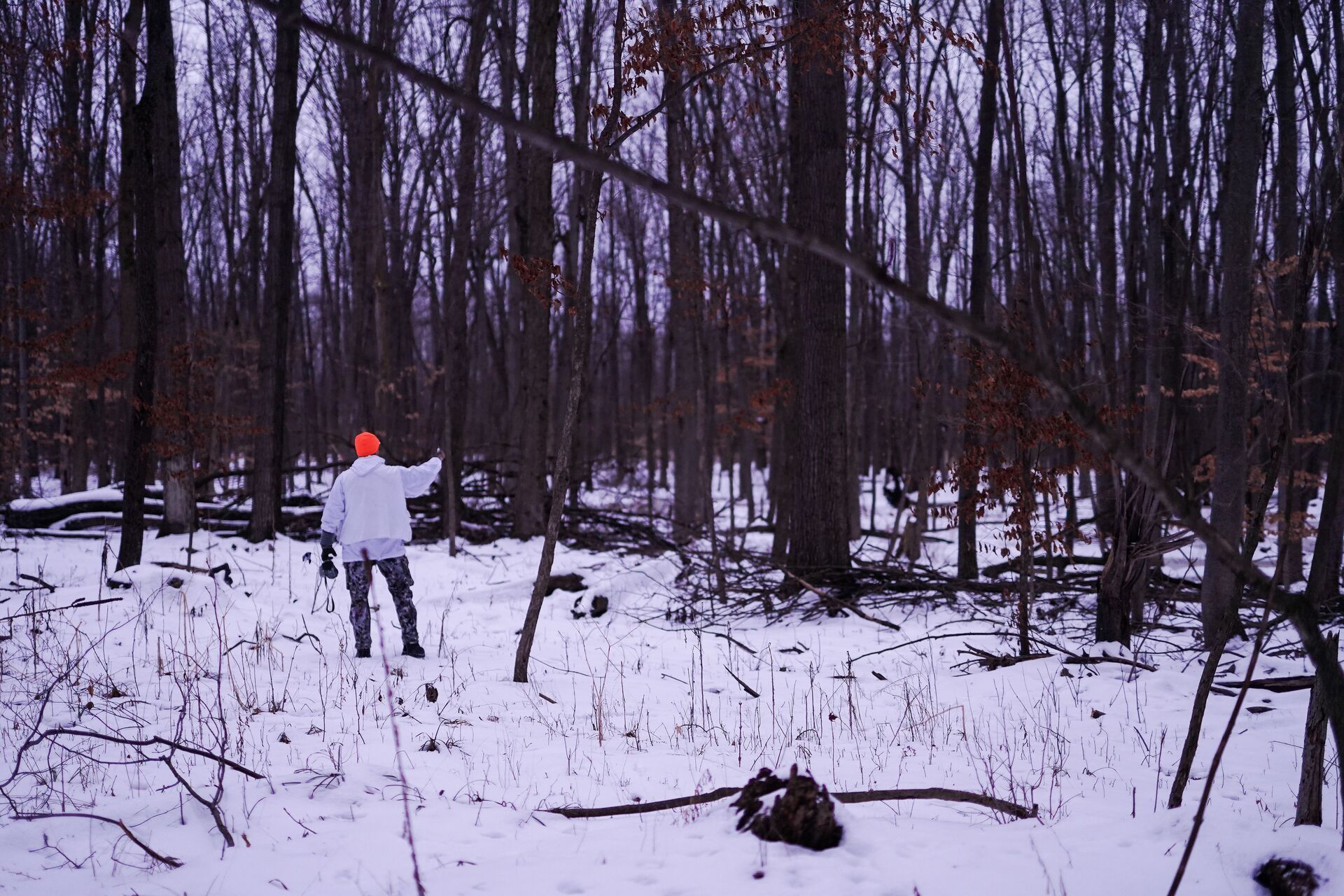 A hunter in the woods and snow to scout.