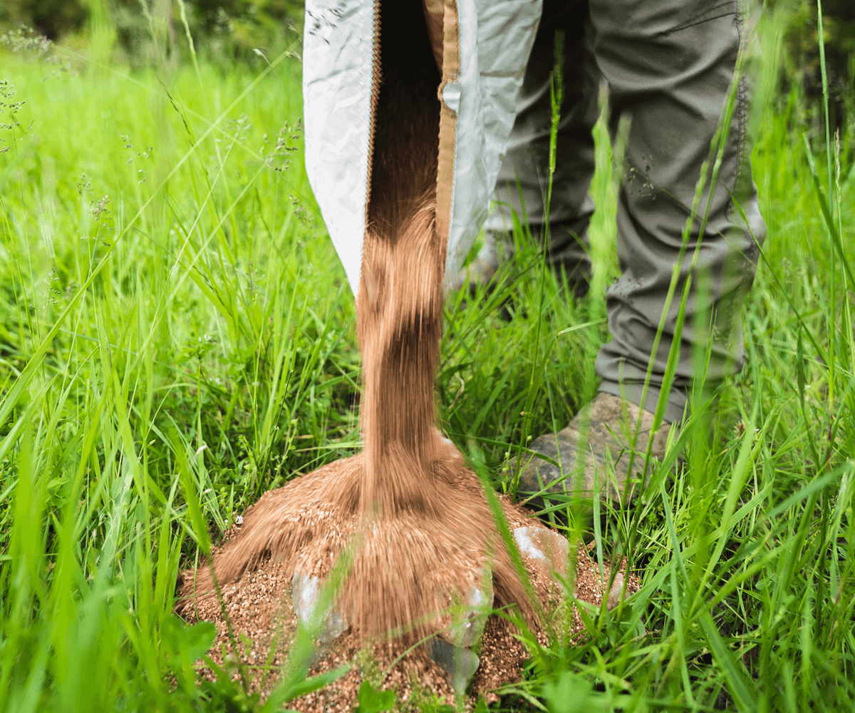 Close-up of hunter pouring minerals on the ground, how to make mineral sites for deer concept.