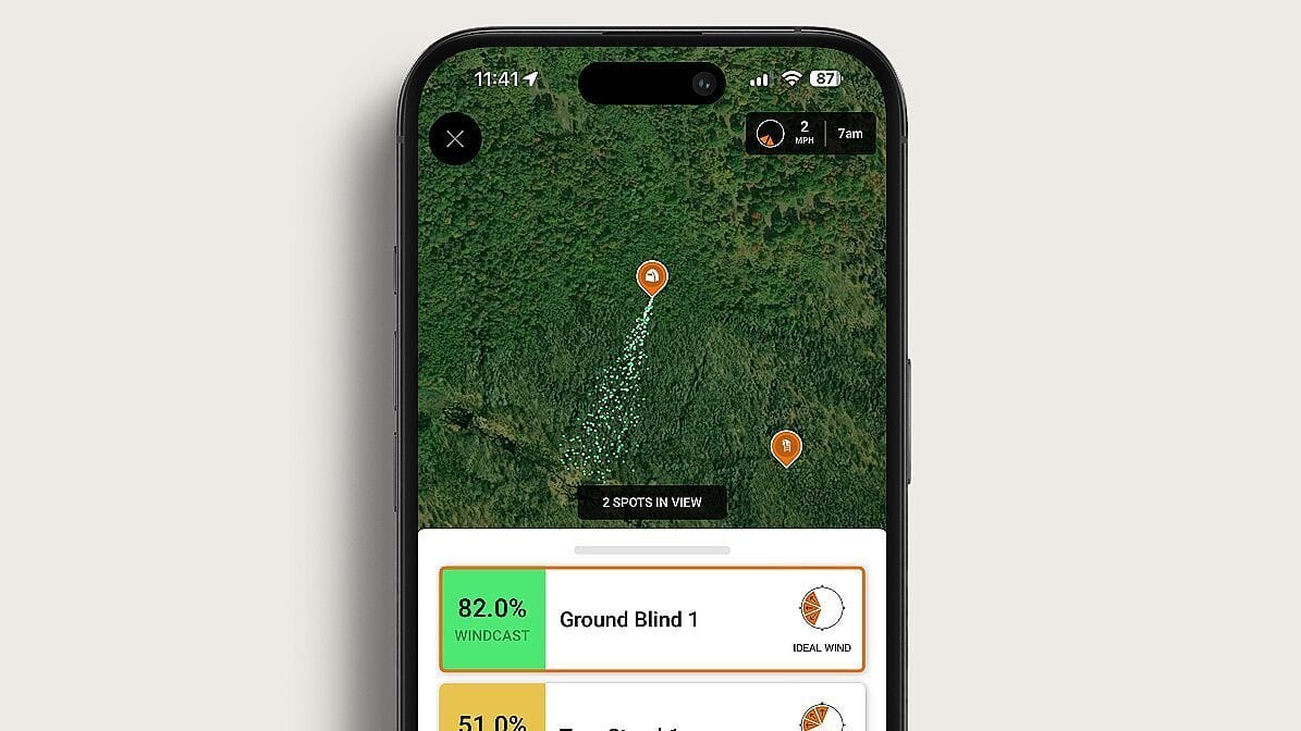 Illustration of WindCast on phone screen, wind direction deer hunting concept.