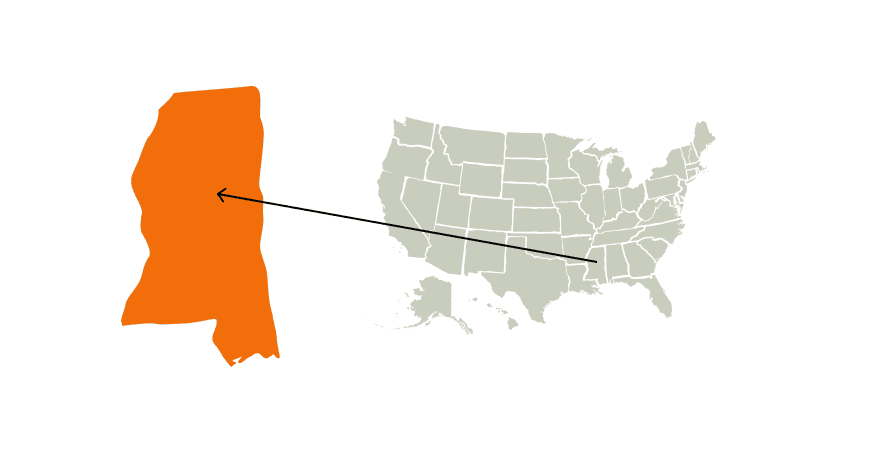A map of the U.S. highlighting Mississippi, Mississippi hunting season concept.