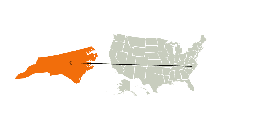 A map of the United States highlighting North Carolina, hunting in North Carolina concept.