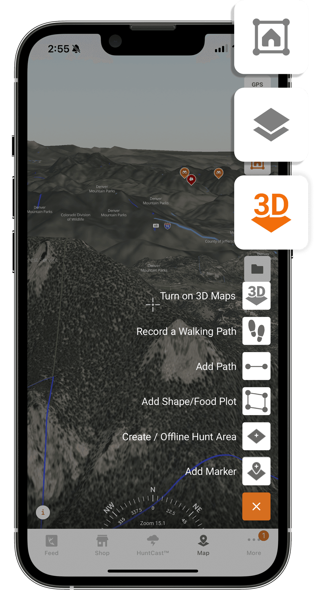 The HuntWise app on a phone screen highlighting features for hunting.
