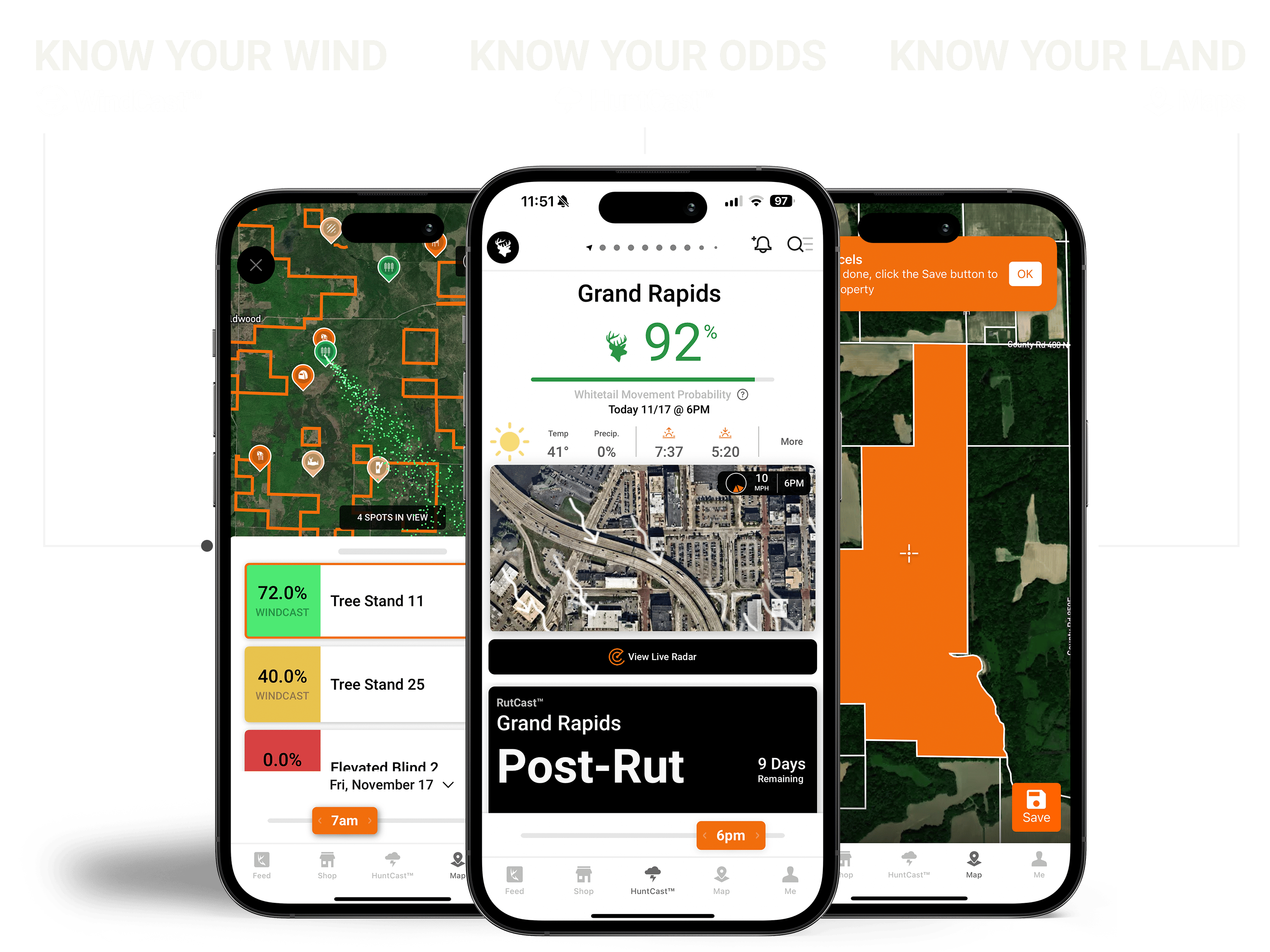 The HuntWise app on phone screens, stalk the rut concept.
