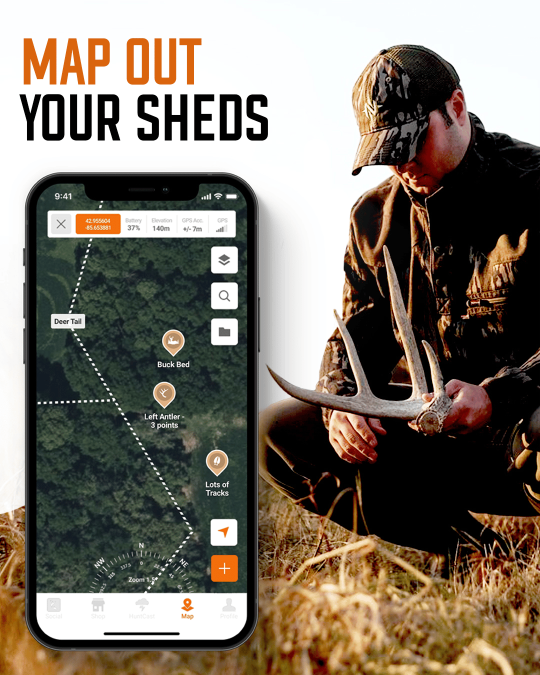 Graphic showing a hunter using HuntWise with text "map out your sheds."