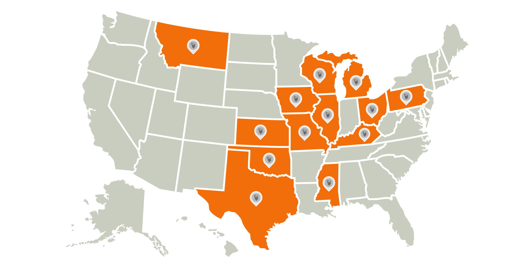 An illustration of the U.S. highlighting the best deer hunting states.