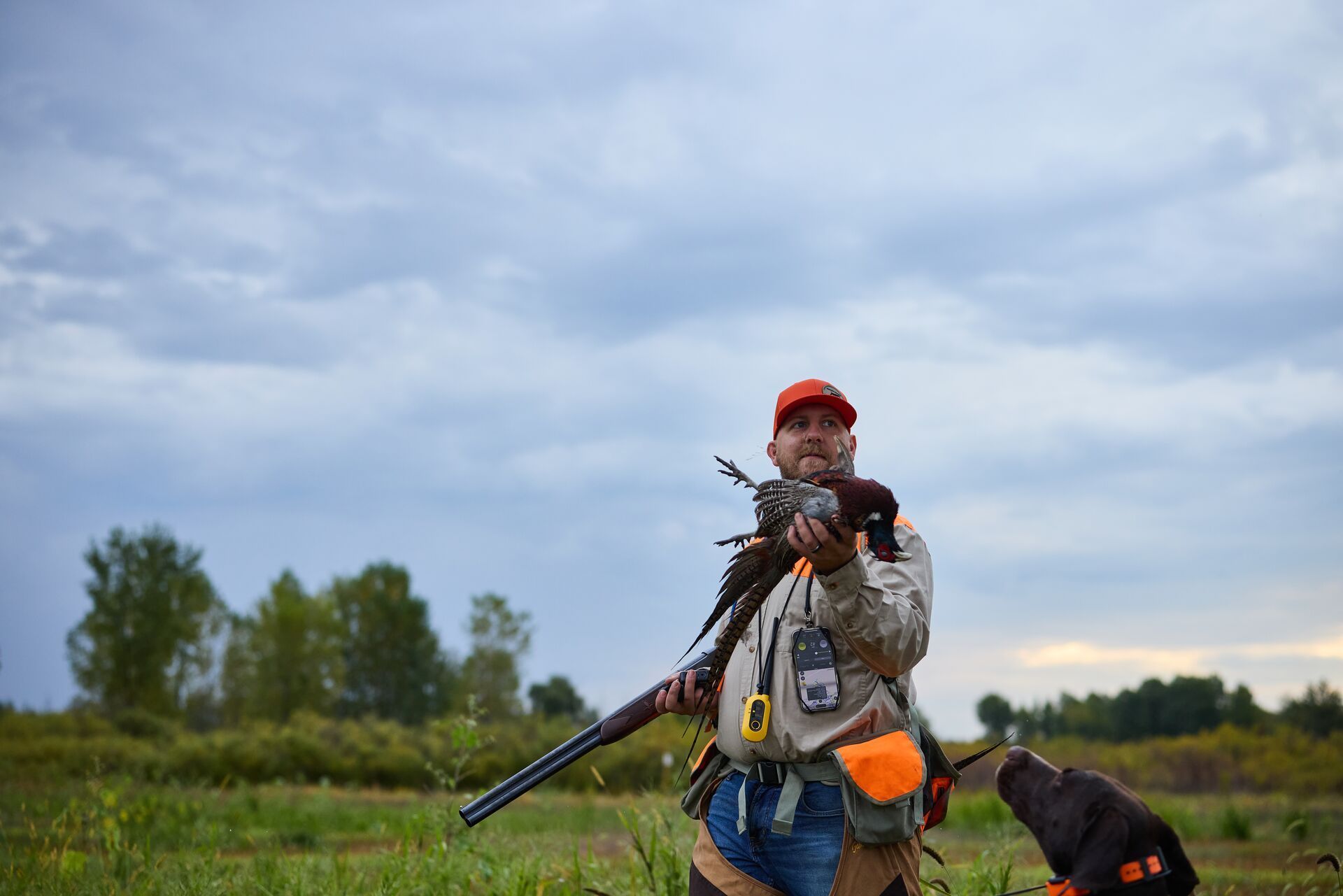 Hunter with pheasant in hand against dark skies, pheasant hunting in rain concept.