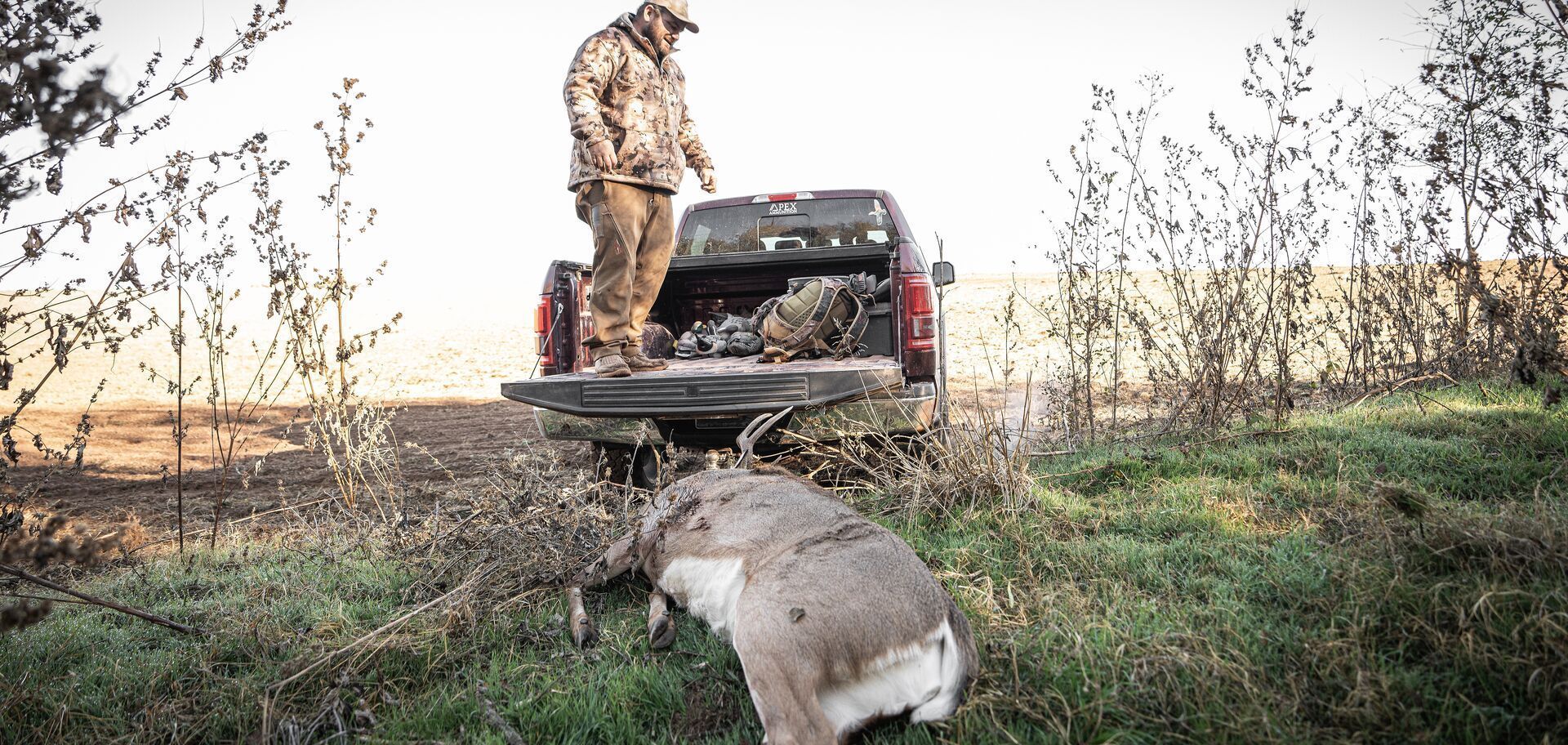 Hunter in back of truck near deer on ground after hunt, November hunting guide concept.