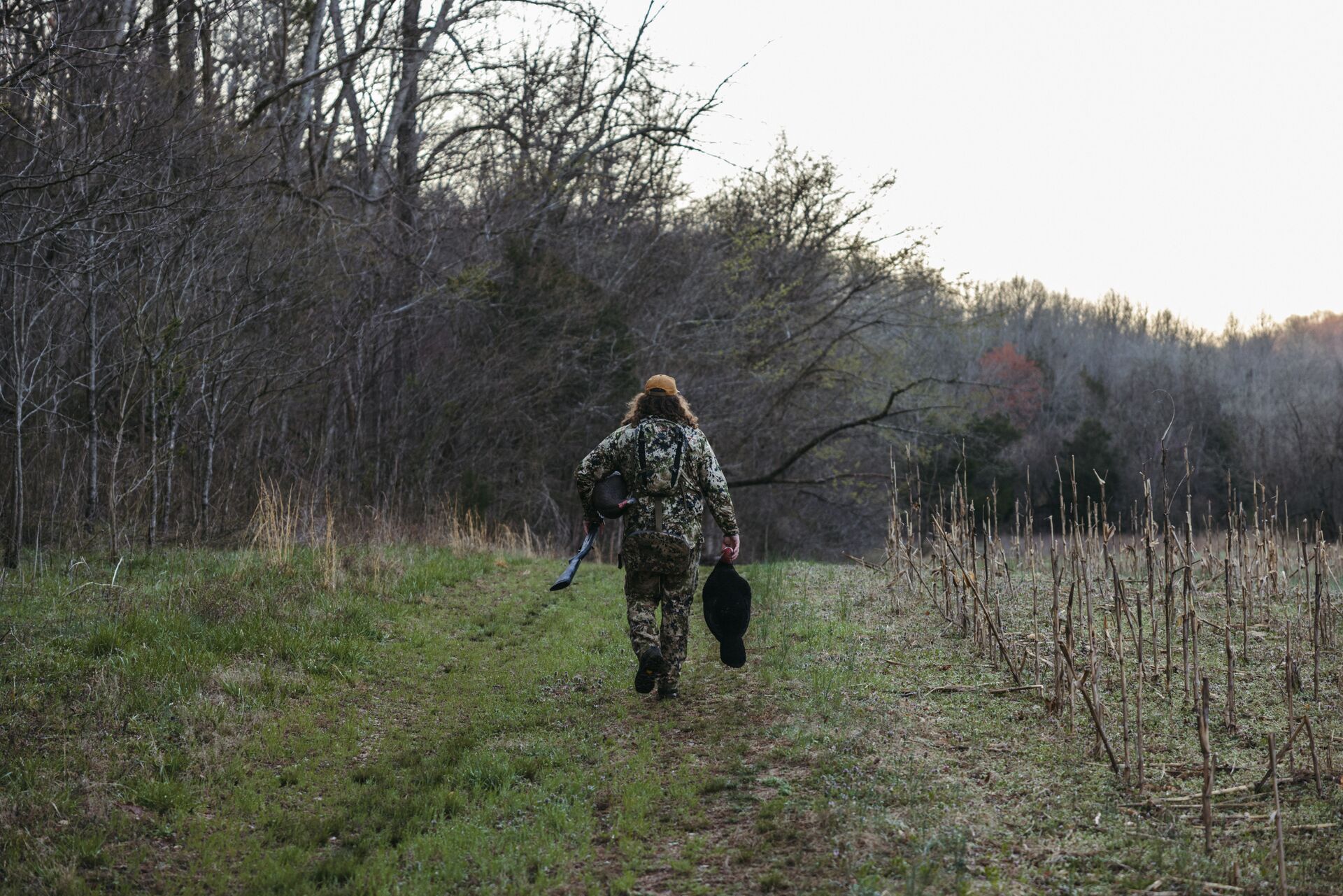 Hunter walks along treeline with turkey decoy and shotgun, turkey hunting weather concept.