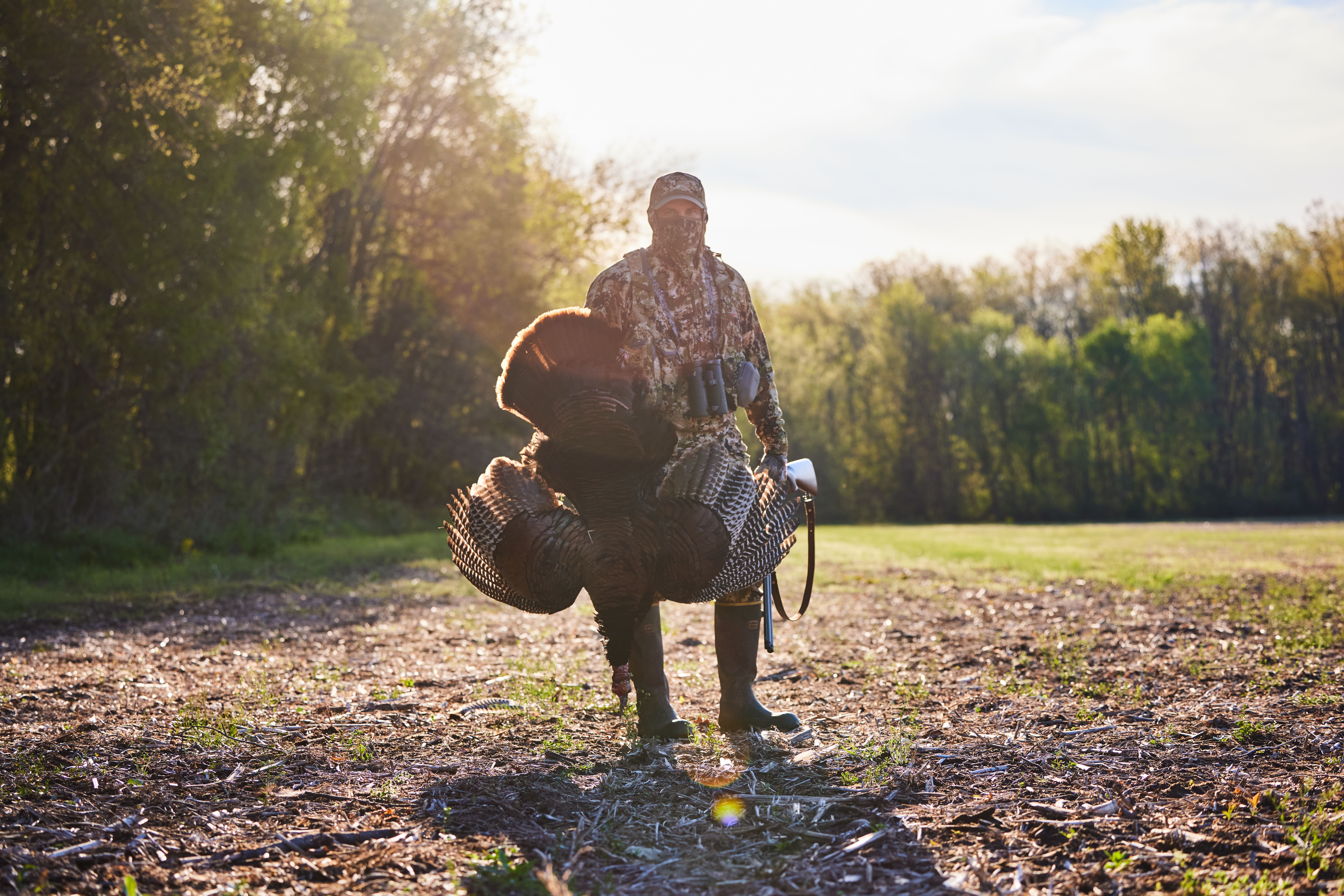 A hunter holds a turkey after a hunt, Michigan turkey season concept.
