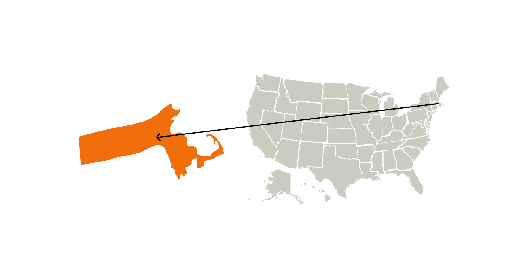 Illustration of the United States featuring the state of Massachusetts.