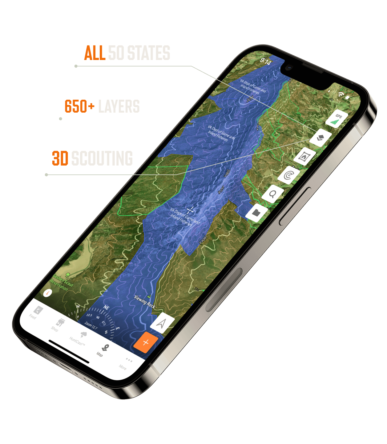 A graphic of the HuntWise hunting app showing mapping, layers, and 3-D scouting for hunting success.