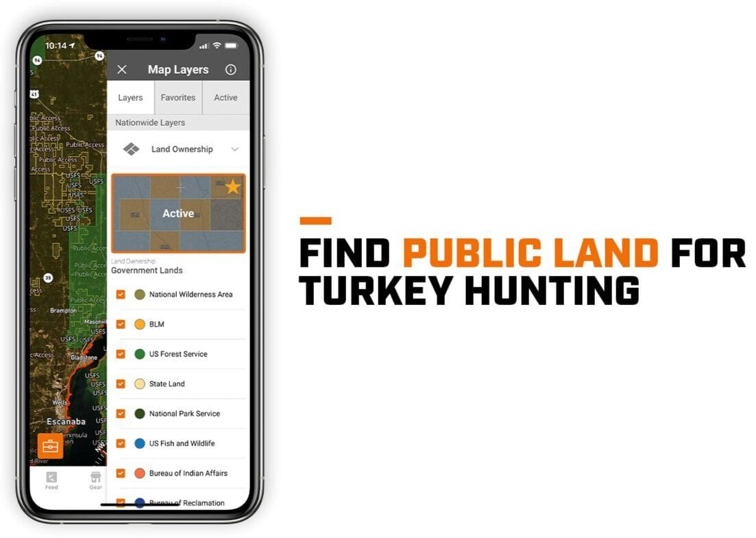 Illustration of HuntWise app with text to find public land for turkey hunting.