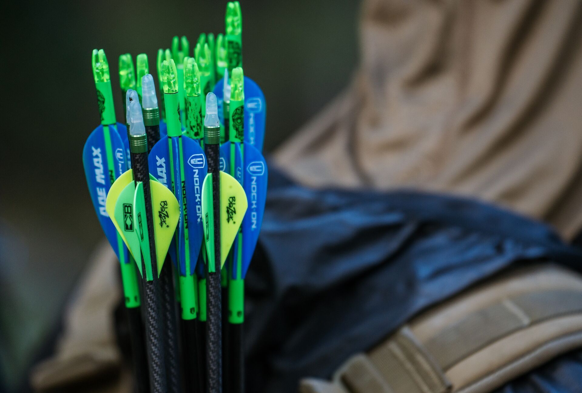 Close-up of a quiver of arrows on a hunter