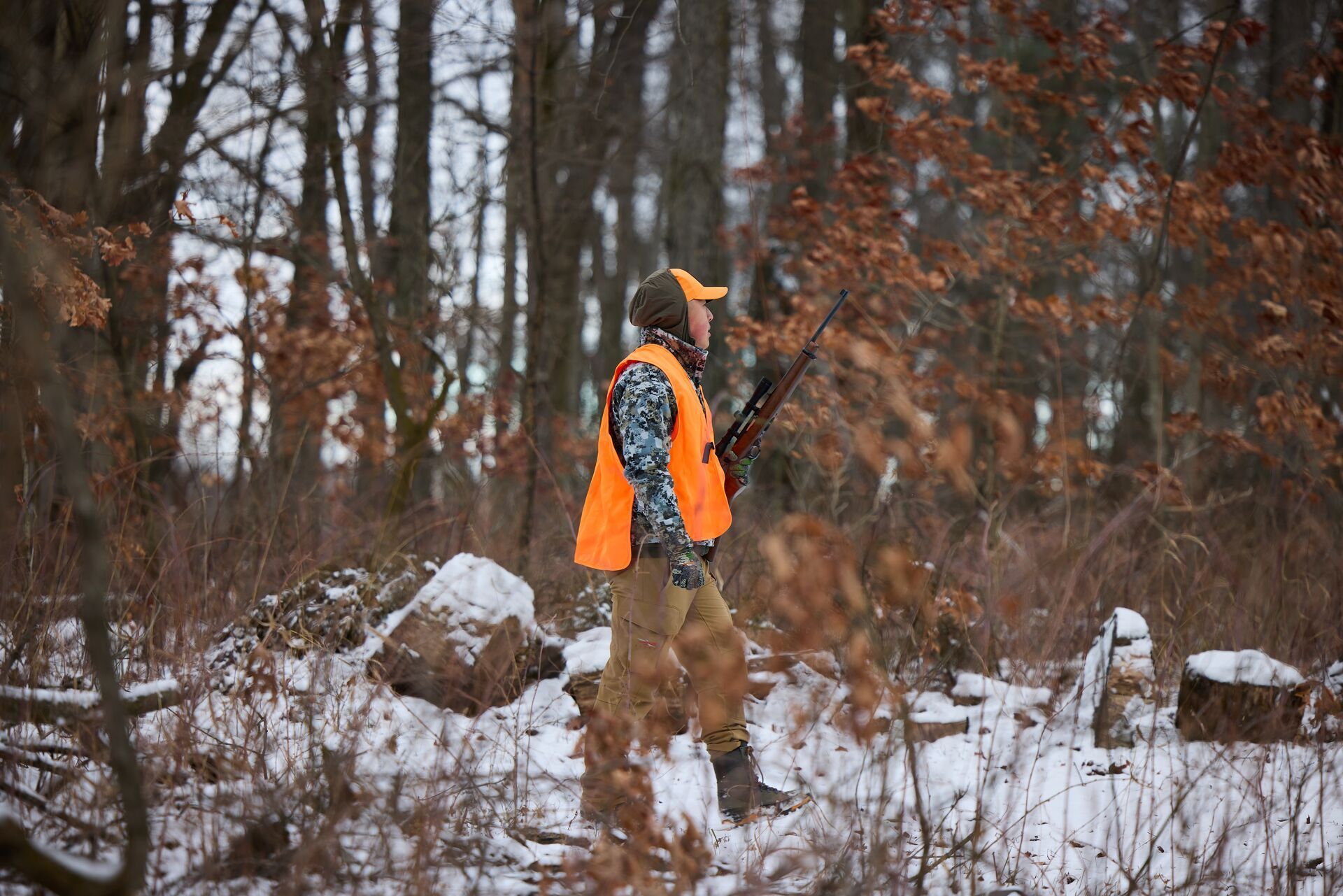 Hunter wears orange carrying rifle in the snowy woods, small game hunting concept.