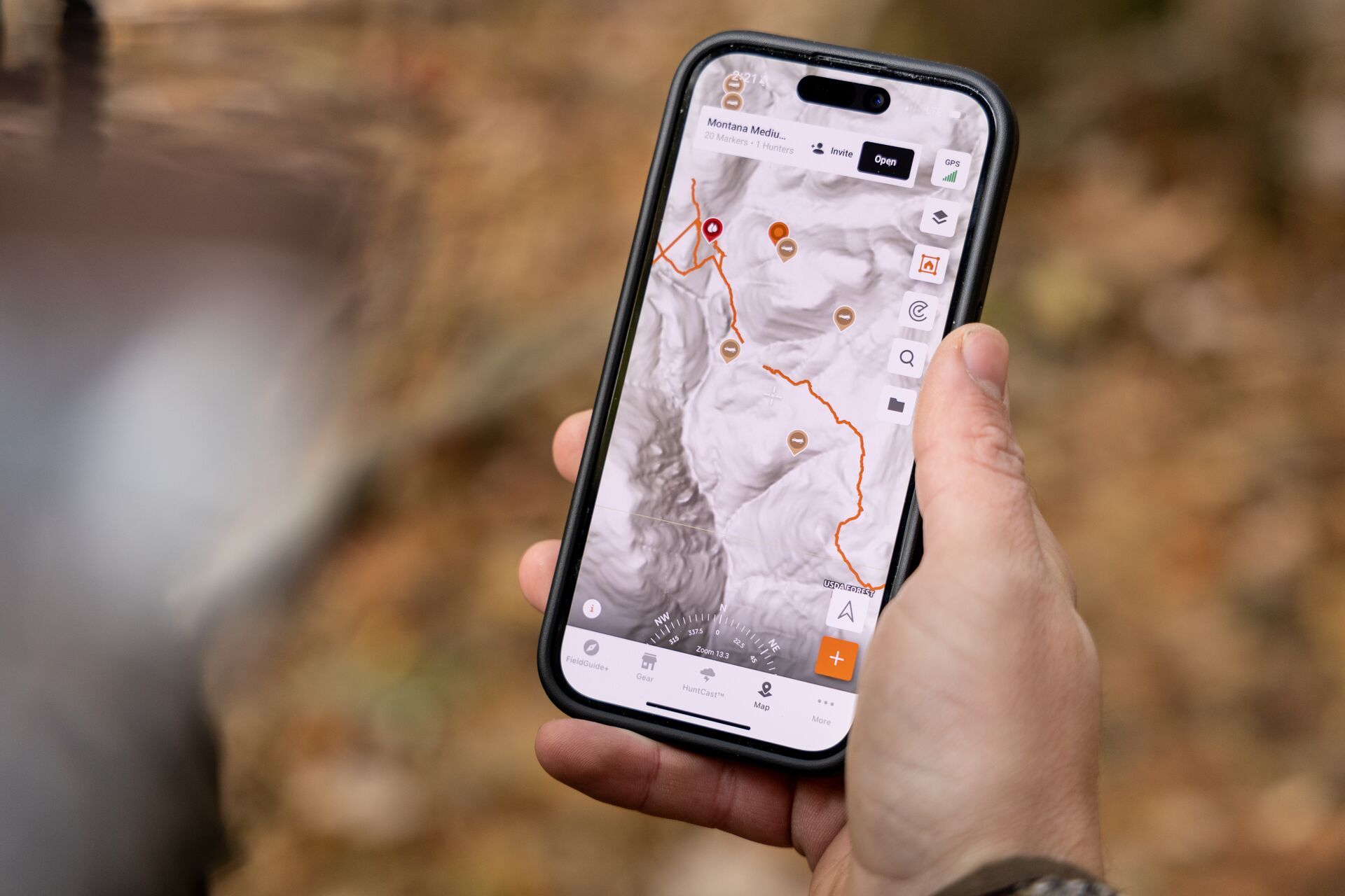 The HuntWise LiDAR map on a phone screen, best hunting gps app concept.