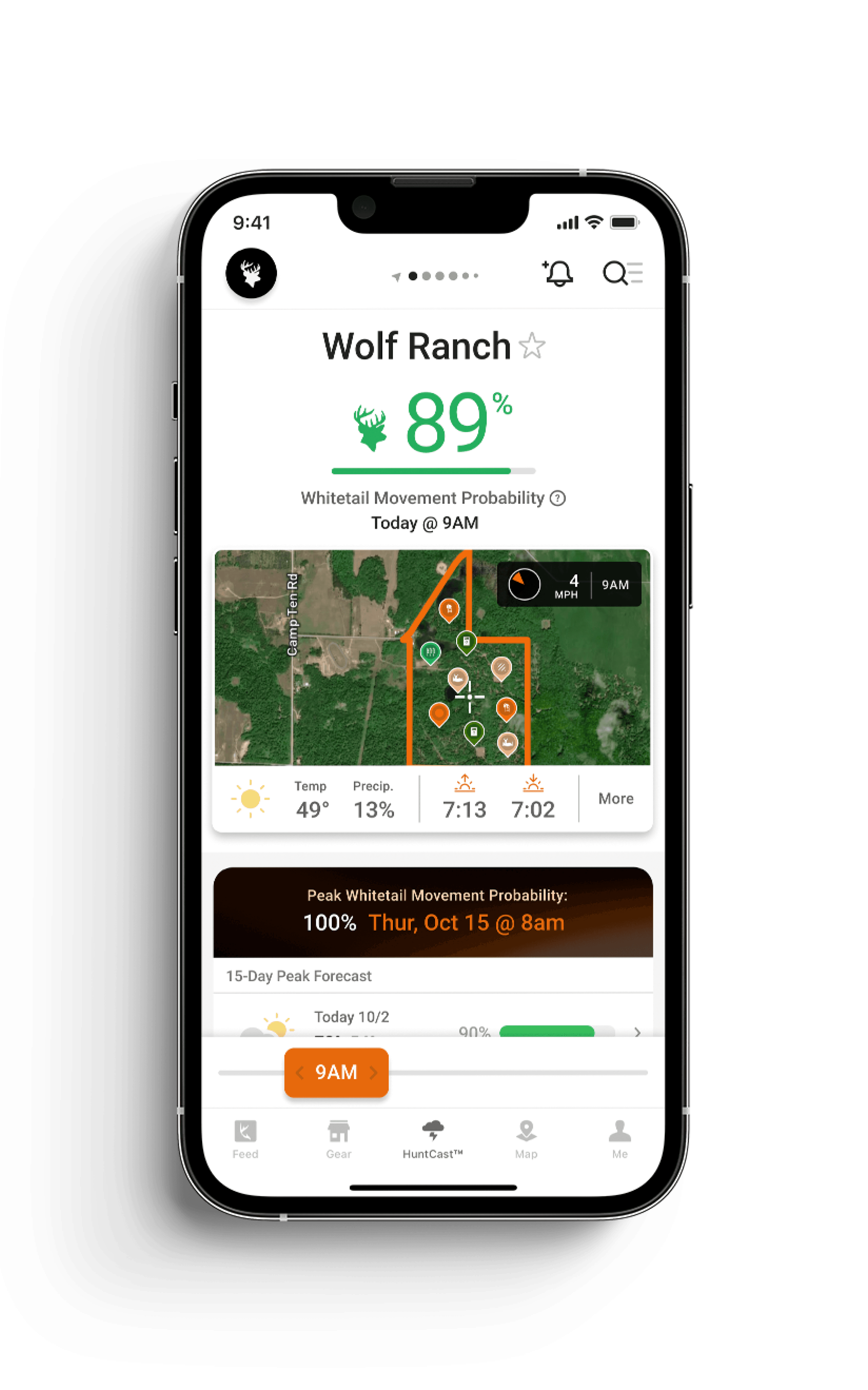 Image of the HuntWise app on a phone screen, tracking barometric pressure for whitetail hunting concept.