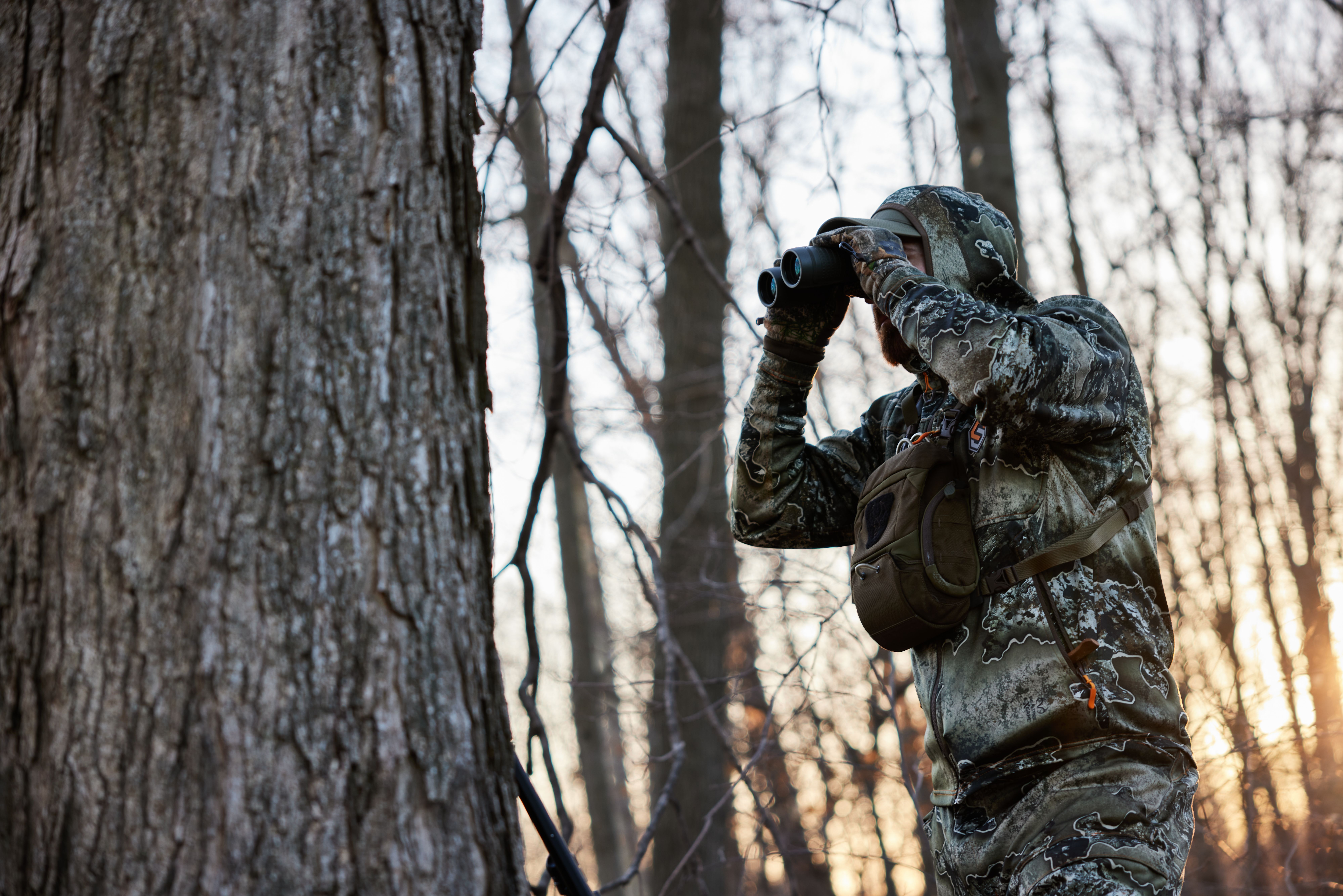 A hunter in camo using binoculars, Indiana turkey season concept.