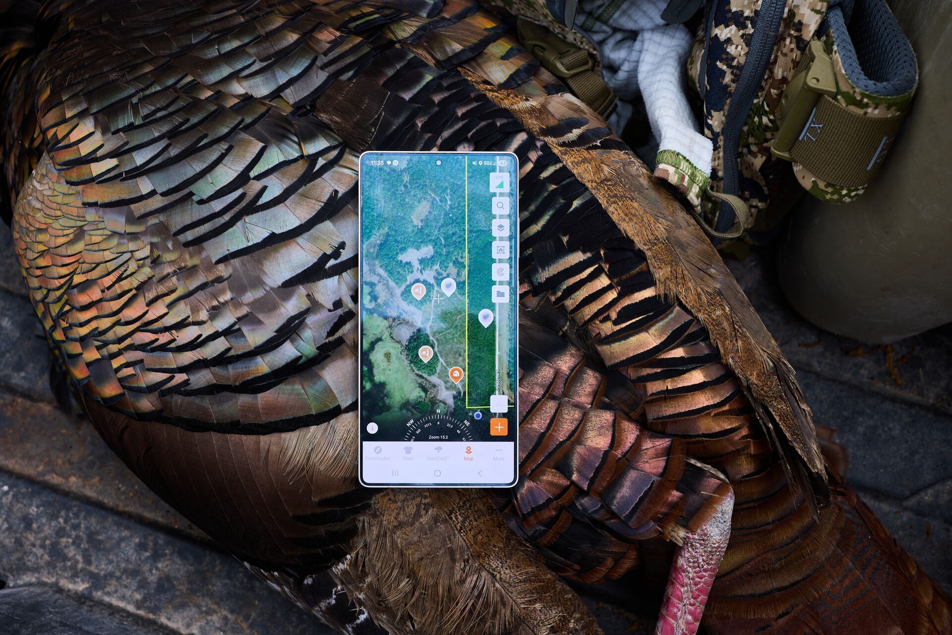 The HuntWise app on a phone screen o a turkey after hunt.