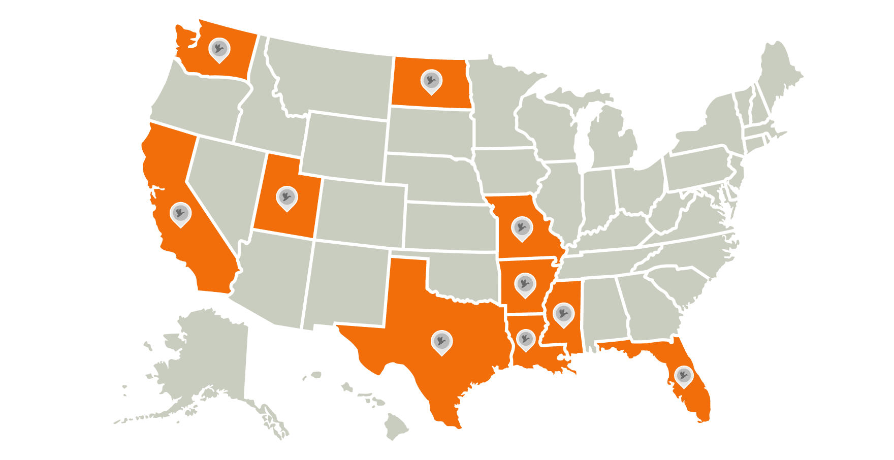 Map of the U.S. highting the best states for duck hunting.