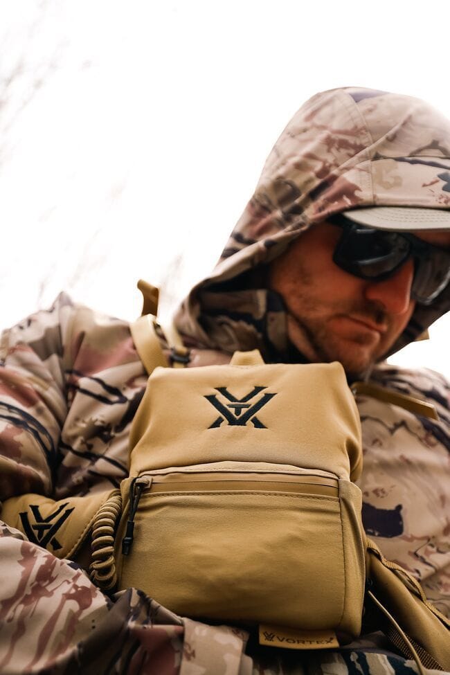 Close-up of a turkey hunting vest on a hunter.