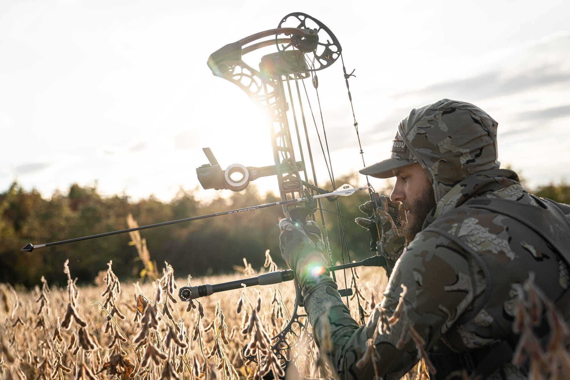 Hunter in camo with bow for hunt, archery season whitetail concept.