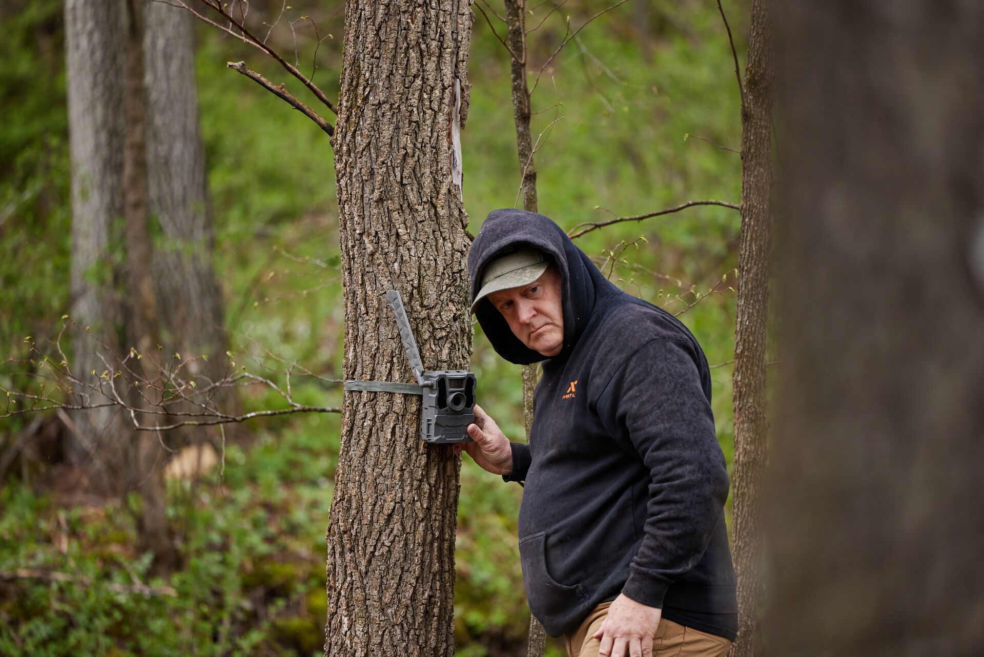 Jeff Sturgis sets up a trail cam on a tree, how to understand deer movement concept.