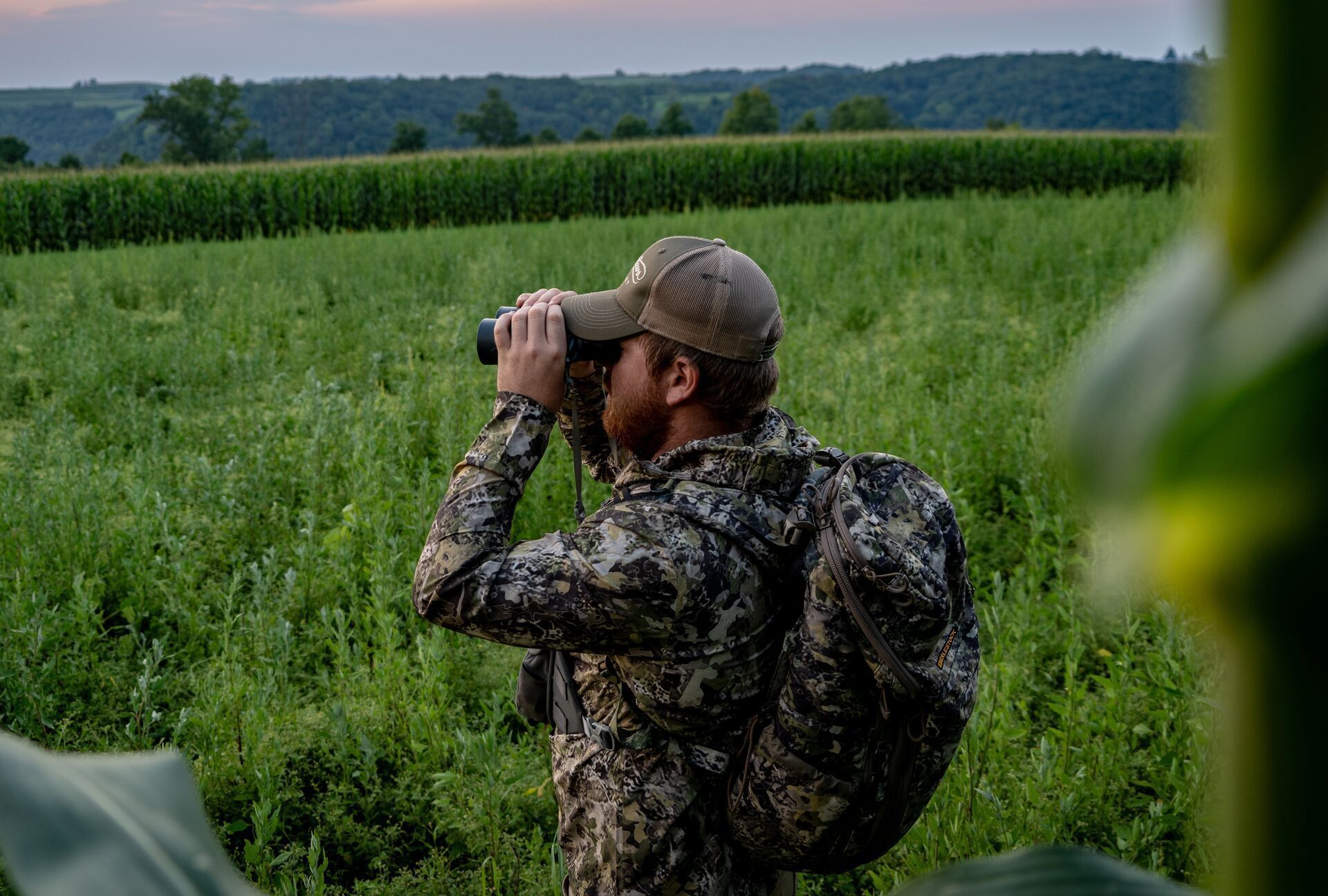 A hunter uses binoculars, scouting for Tennessee deer hunting 2024 concept.