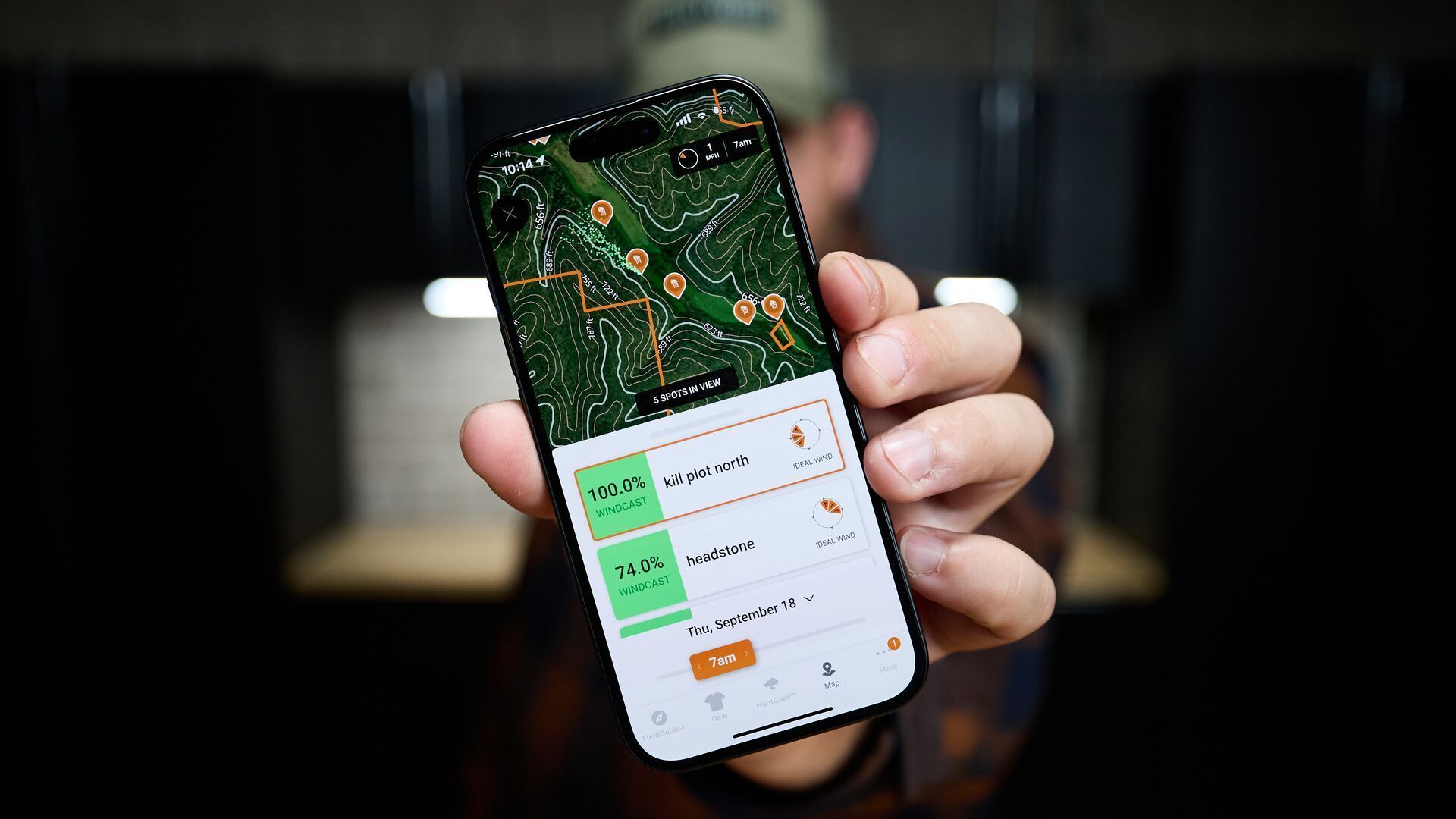 Closeup of WindCast on phone screen, Windcast hunting app concept.