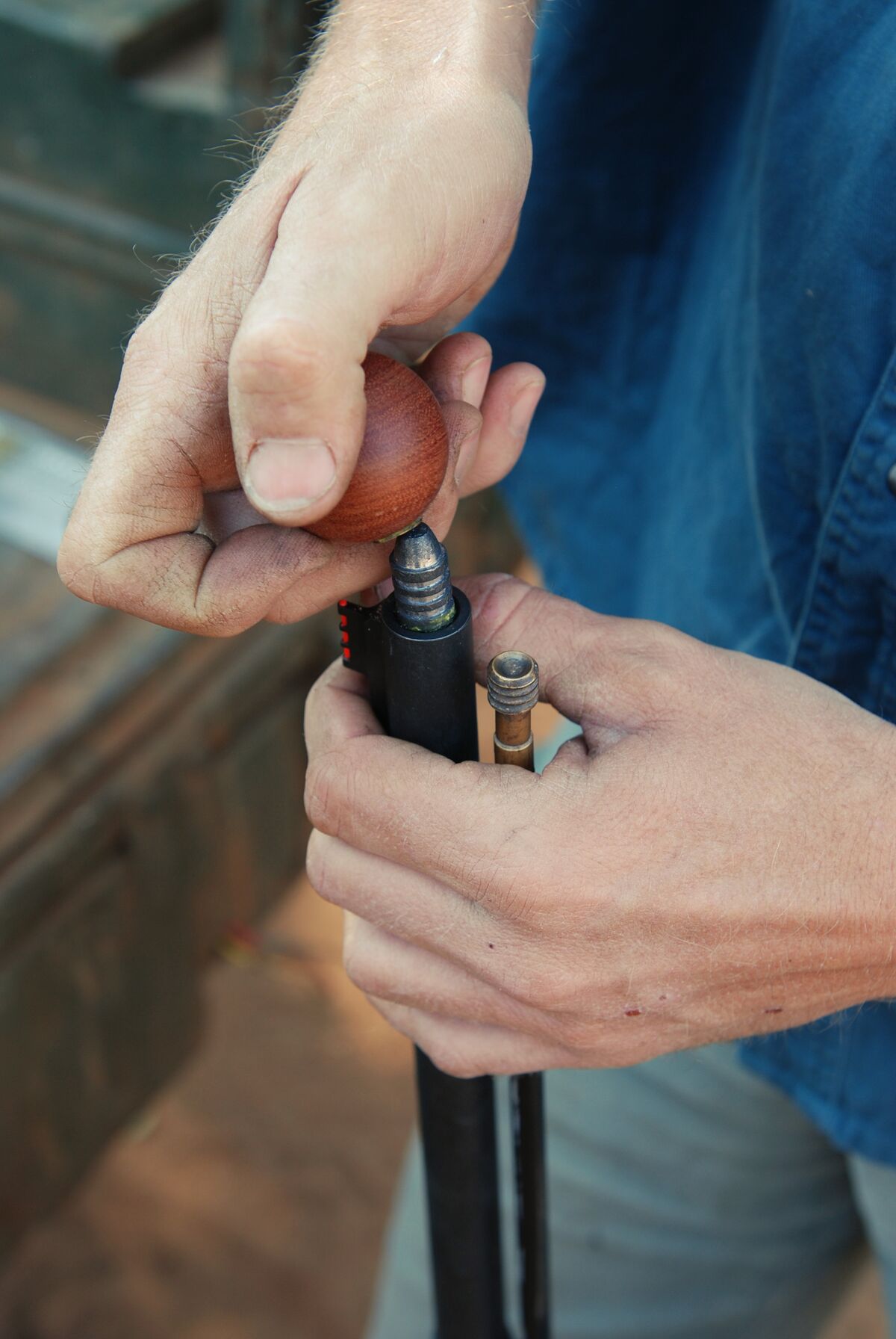 Close-up of loading a muzzleloader, PA deer season concept.