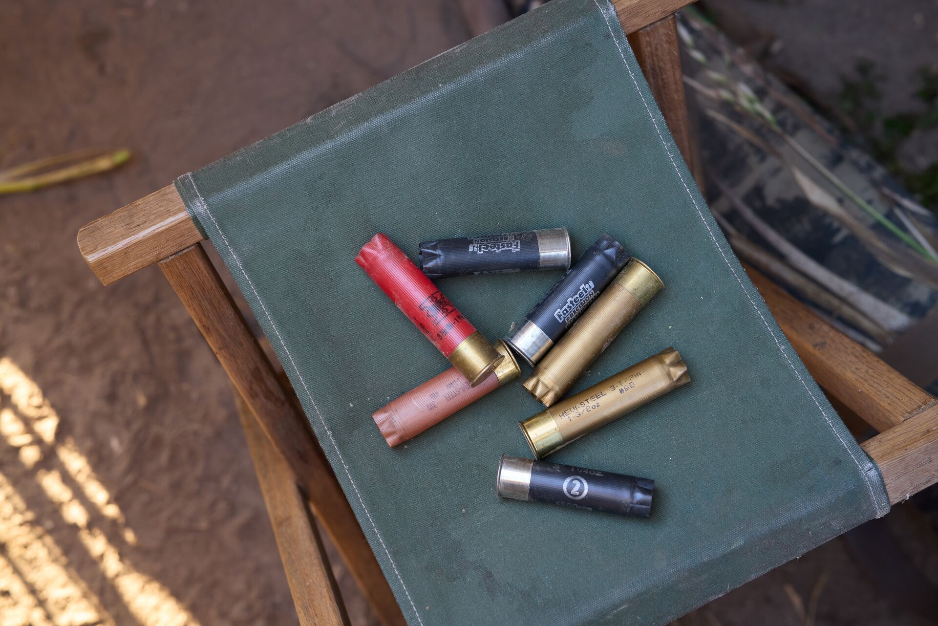 Several shotgun shells on a chair, best ammo for quail hunting concept.