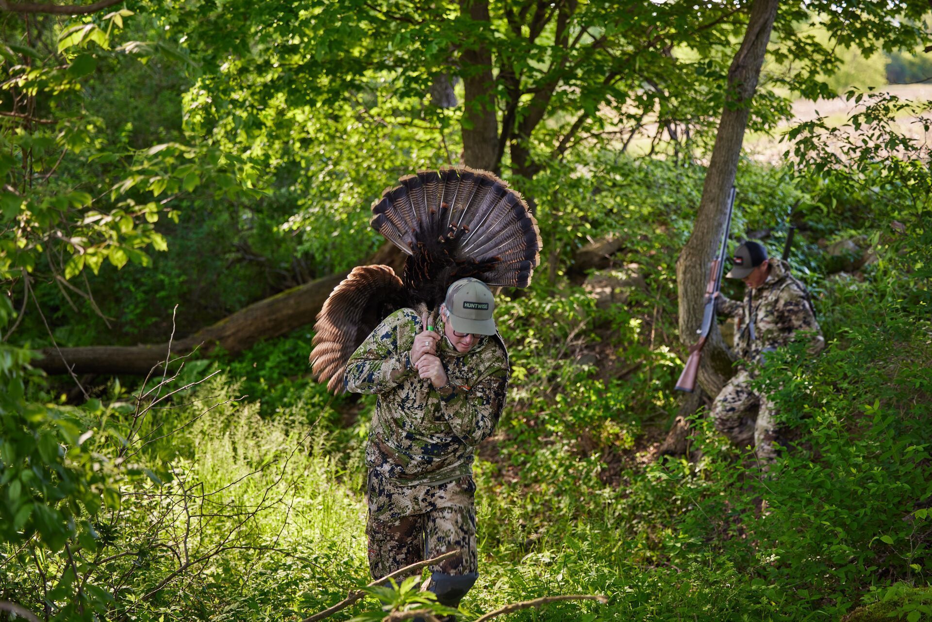 A hunter brings a turkey kill out of the woods, South Carolina hunting seasons concept.