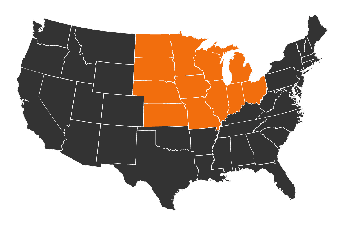 Map highlighting the Midwestern US states.