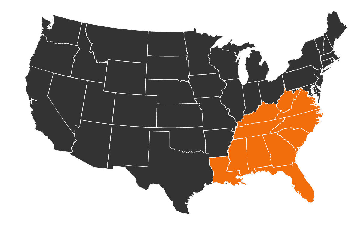 Map highlighting the Southeastern region of the US.