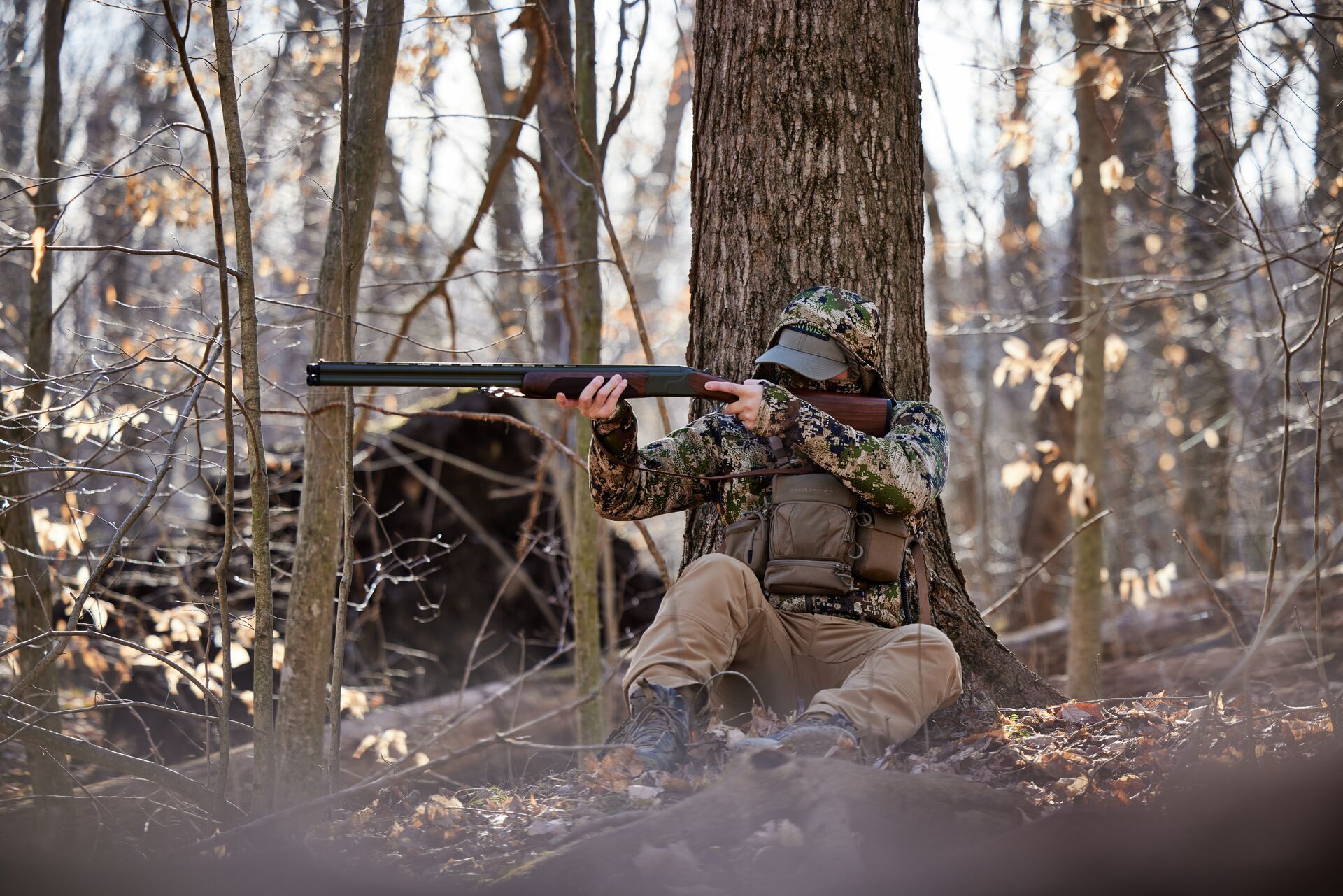 Hunter against tree aims shotgun for turkey hunt, Georgia turkey hunting concept.