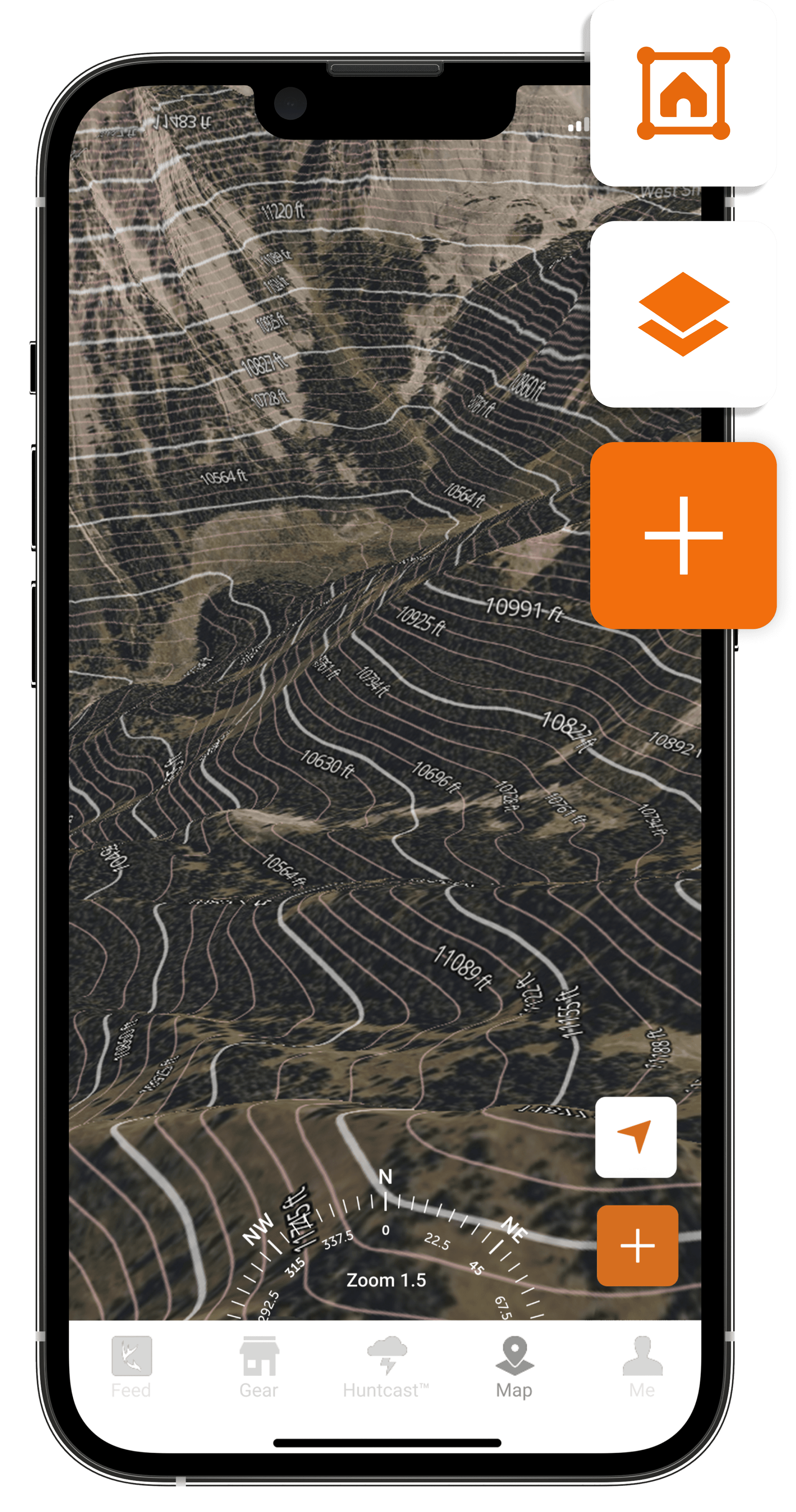 The HuntWise hunting app map layer screen.