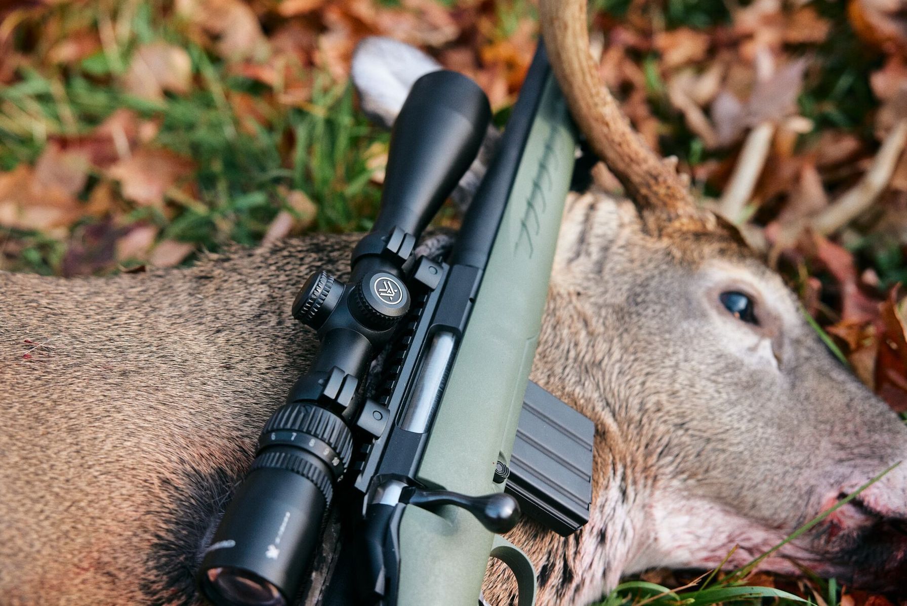 A rifle laying on a deer kill on the ground, using rifles for hunting concept.