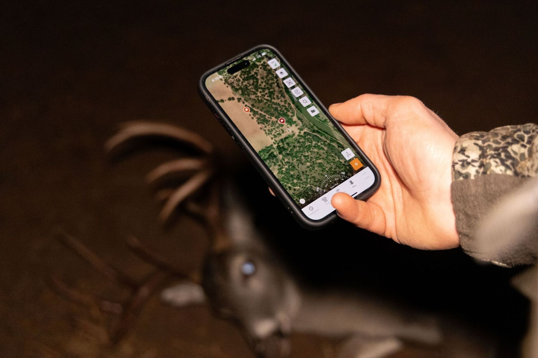 Phone showing HuntWise on screen with deer in the background.