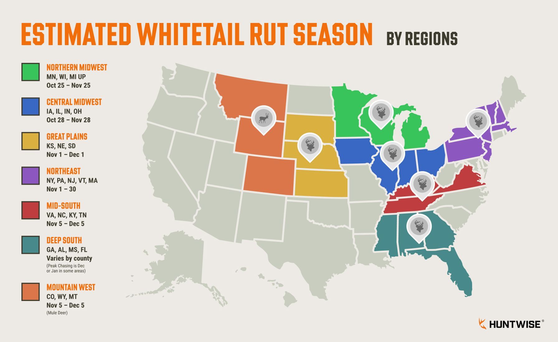 Graphic showing estimated whitetail rut season by US region, when will the rut start concept.