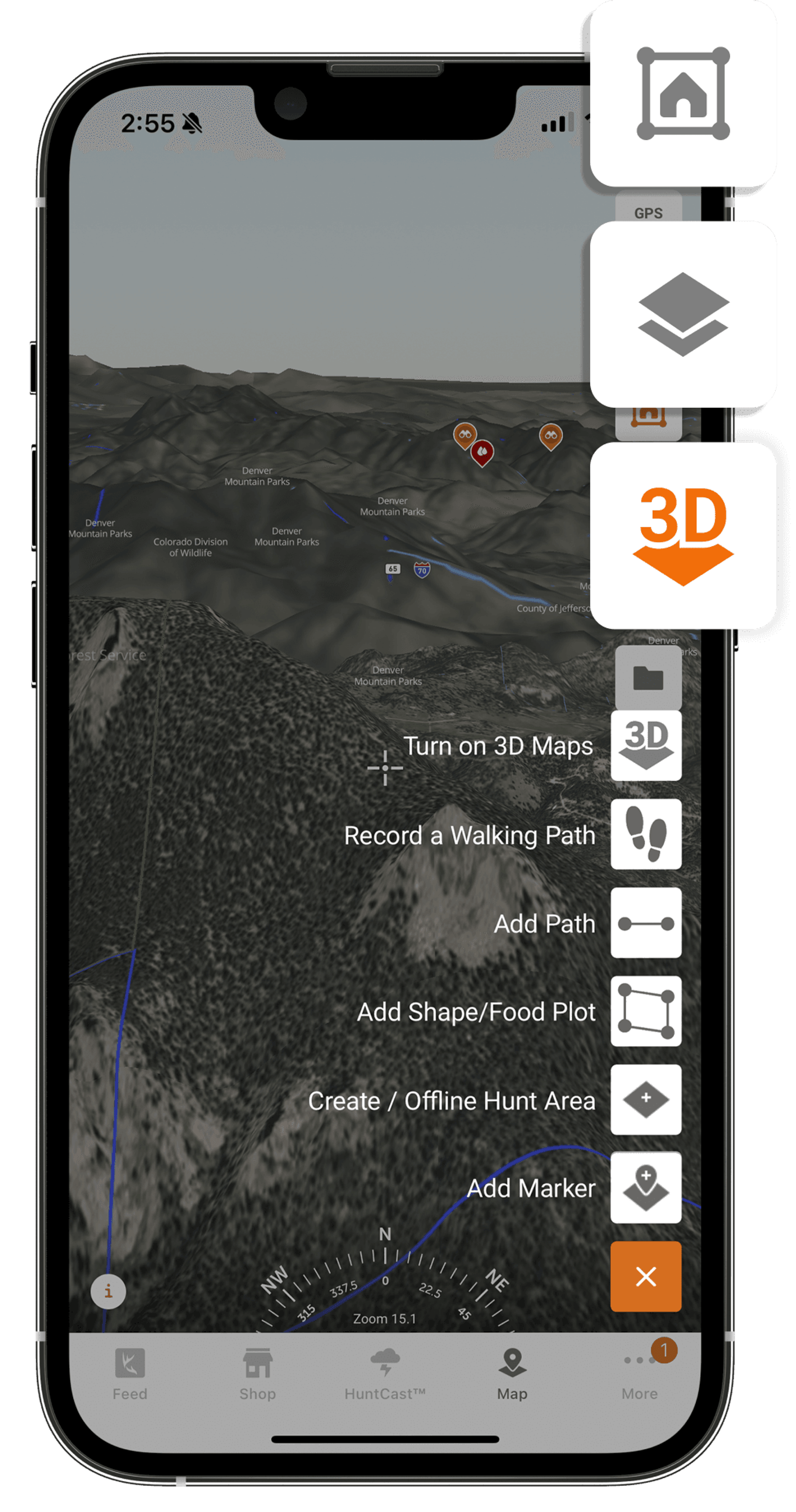A phone screen showing HuntWise, finding public hunting land concept.