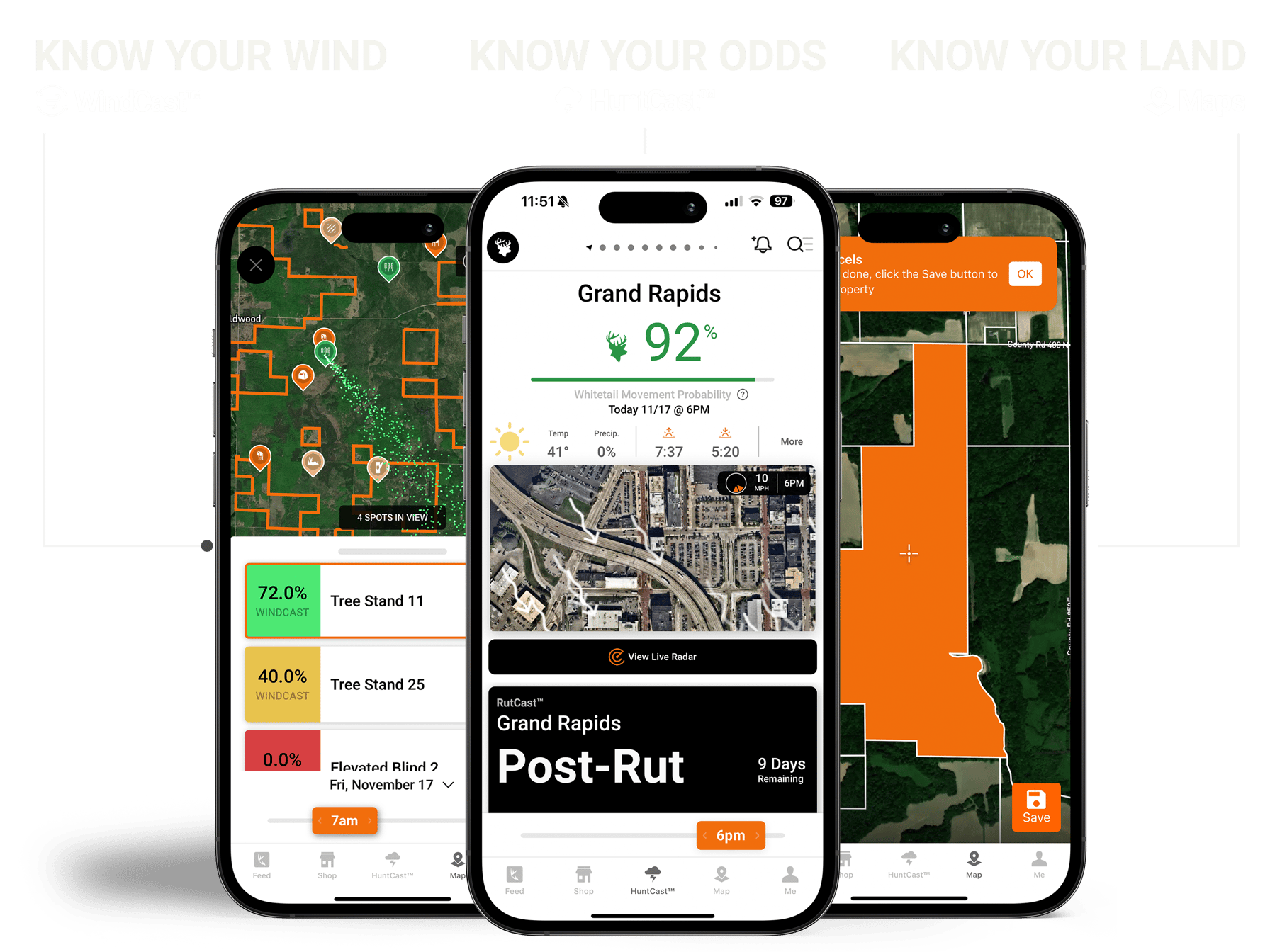 The HuntWise app on phone screens, stalk the rut concept.