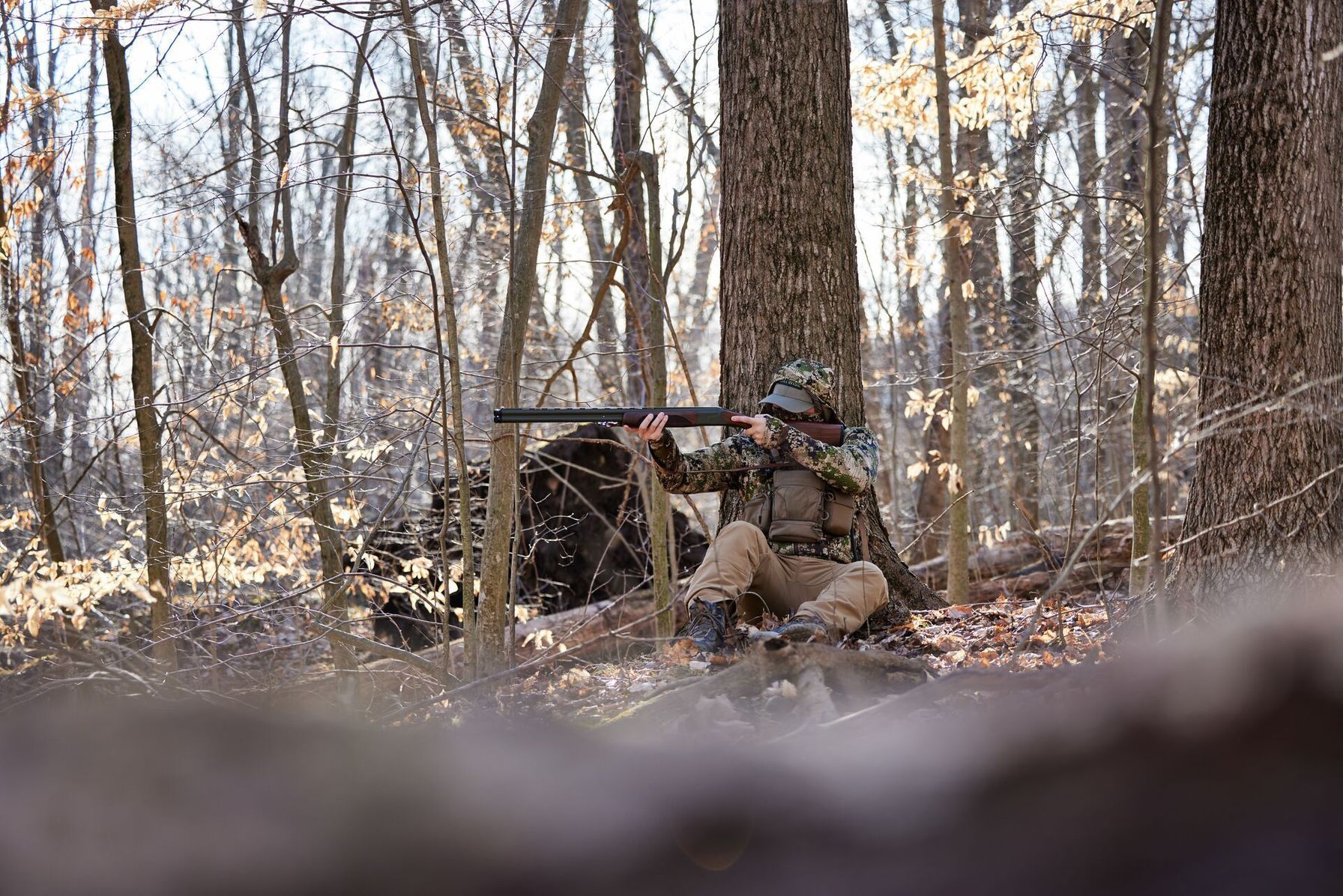 Turkey hunter aims shotgun from hiding spot in woods, early season turkey hunting tips concept.