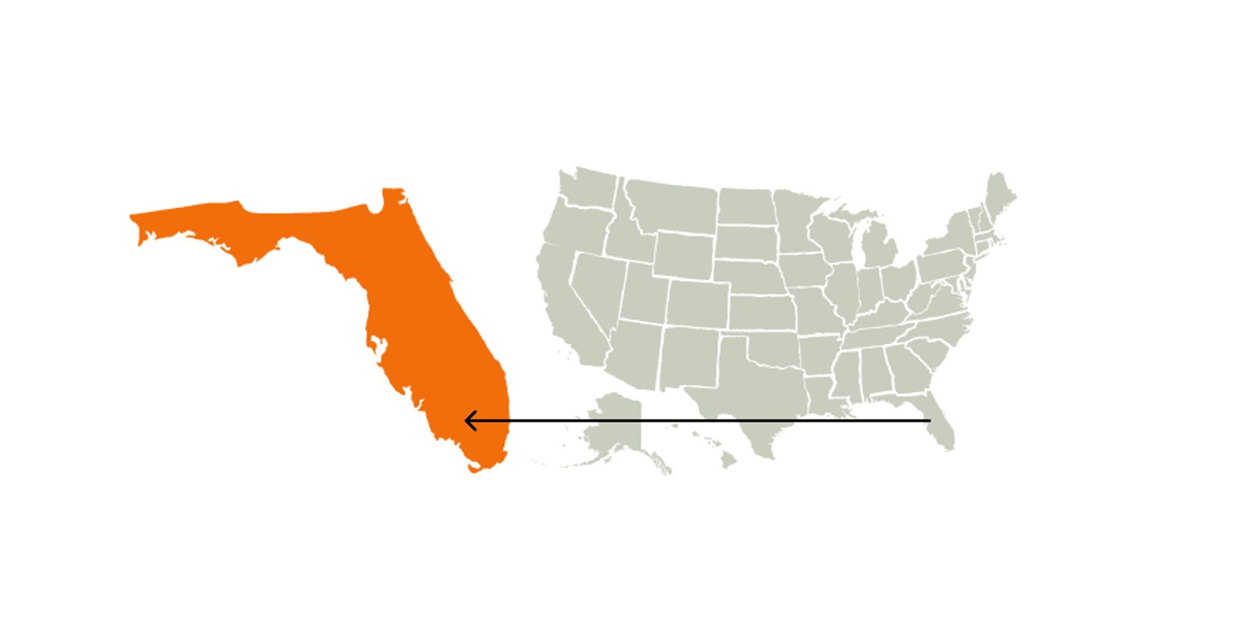 Map graphic of the United States highlighting Florida, Florida hunting concept.