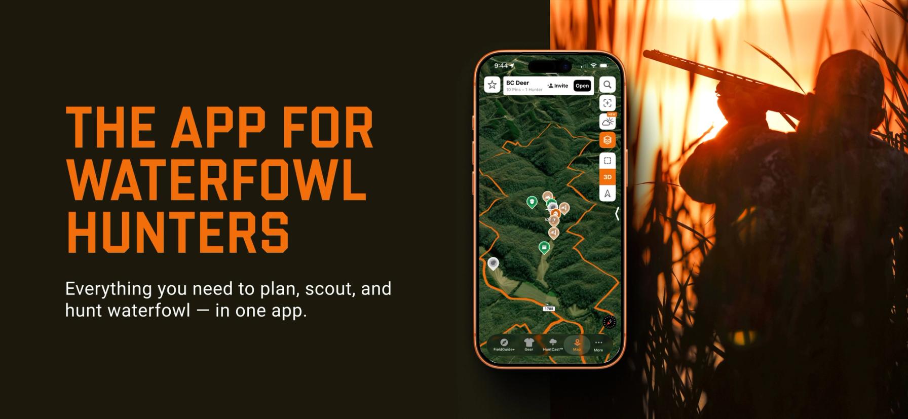 Graphic with text app for waterfowl hunters, Illinois waterfowl hunting land concept. 
