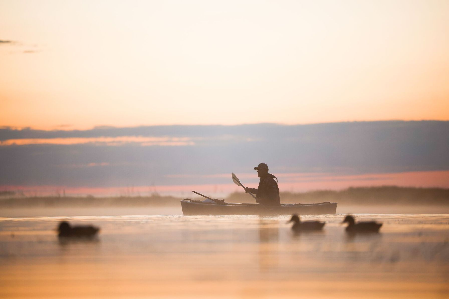 Hunter in canoe on water near duck decoys, waterfowl production area hunting regulations concept.