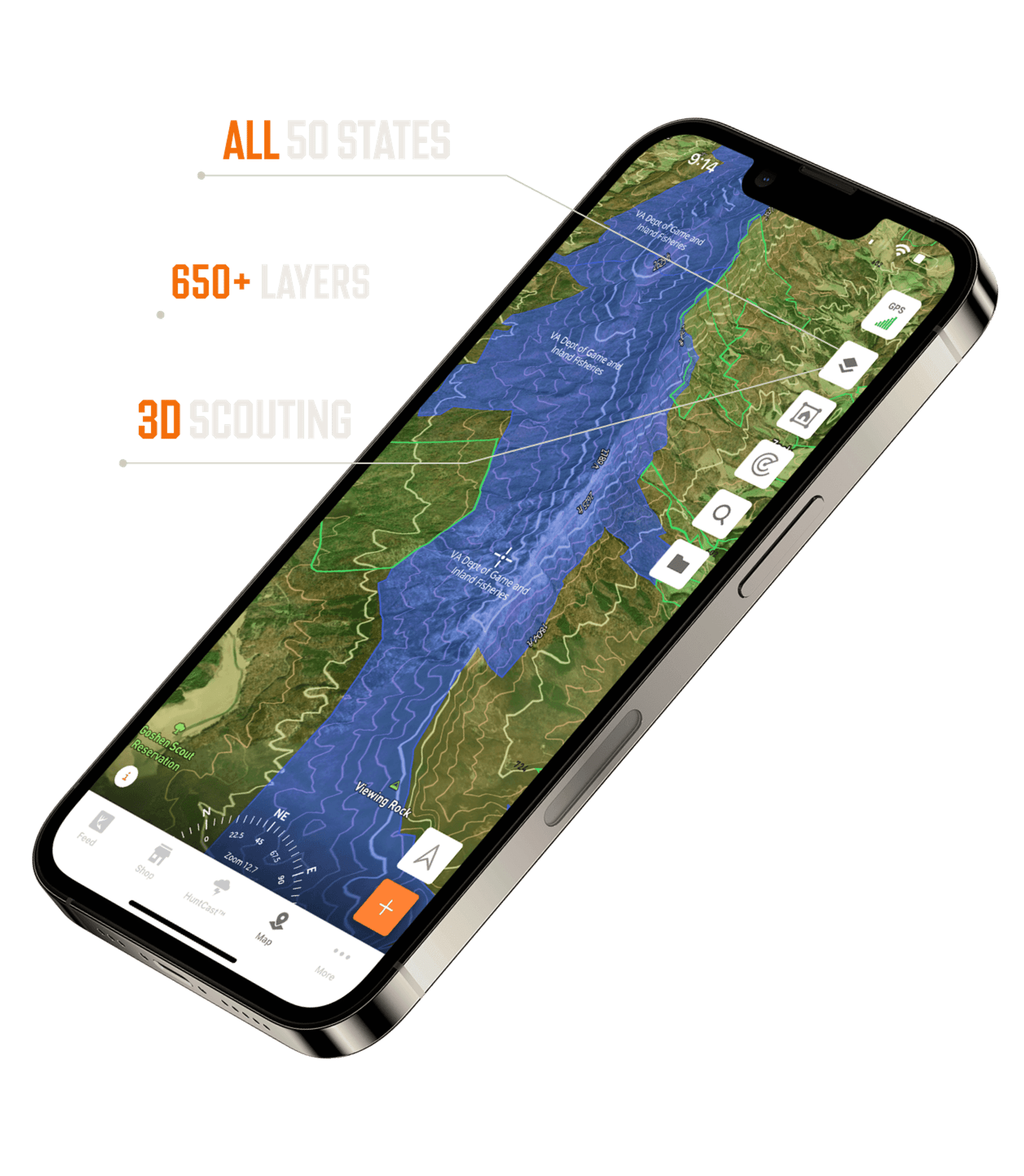 Illustration of HuntWise hunting app on a phone highlighting features.