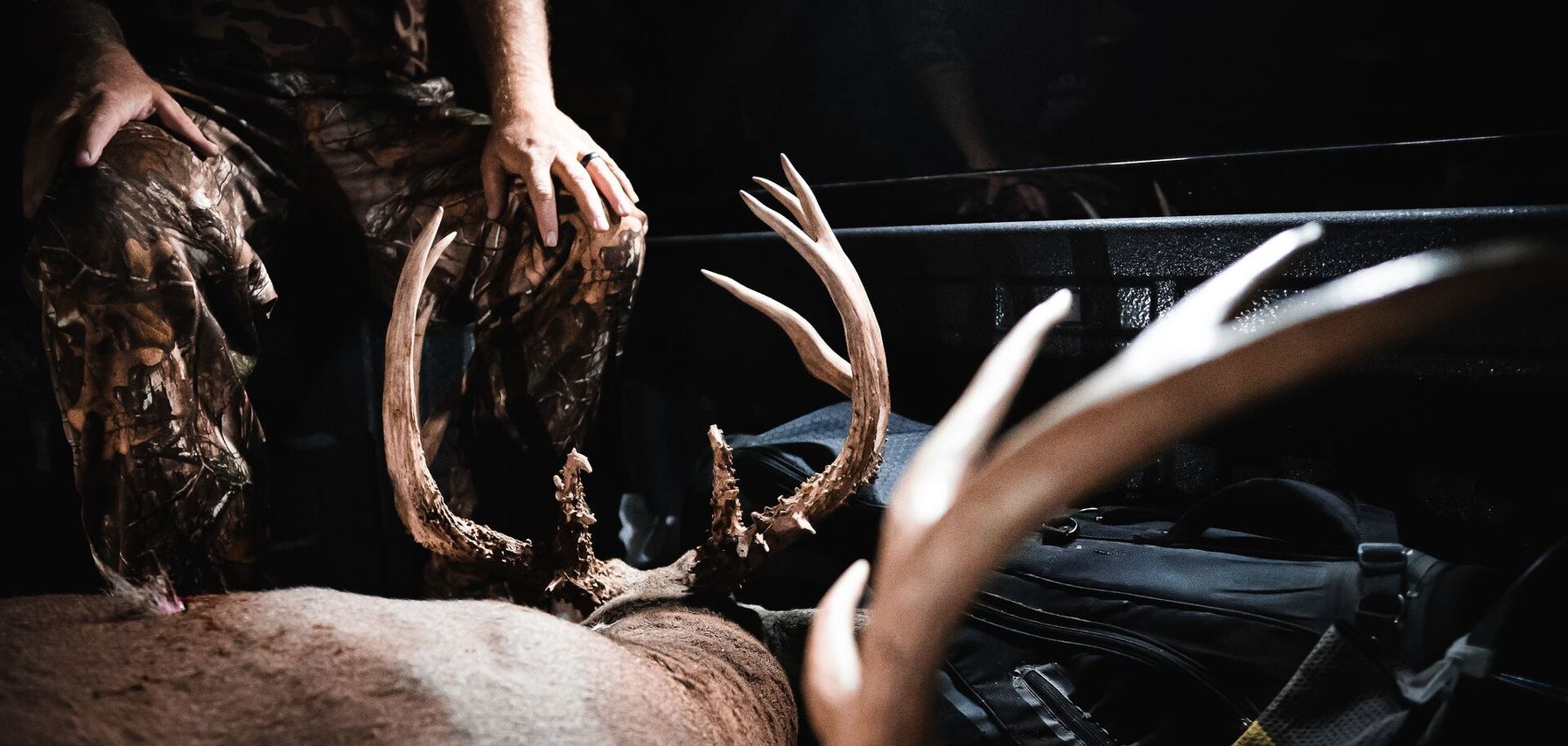 Hunter with buck deer in back of truck, Mississippi deer hunting concept. 