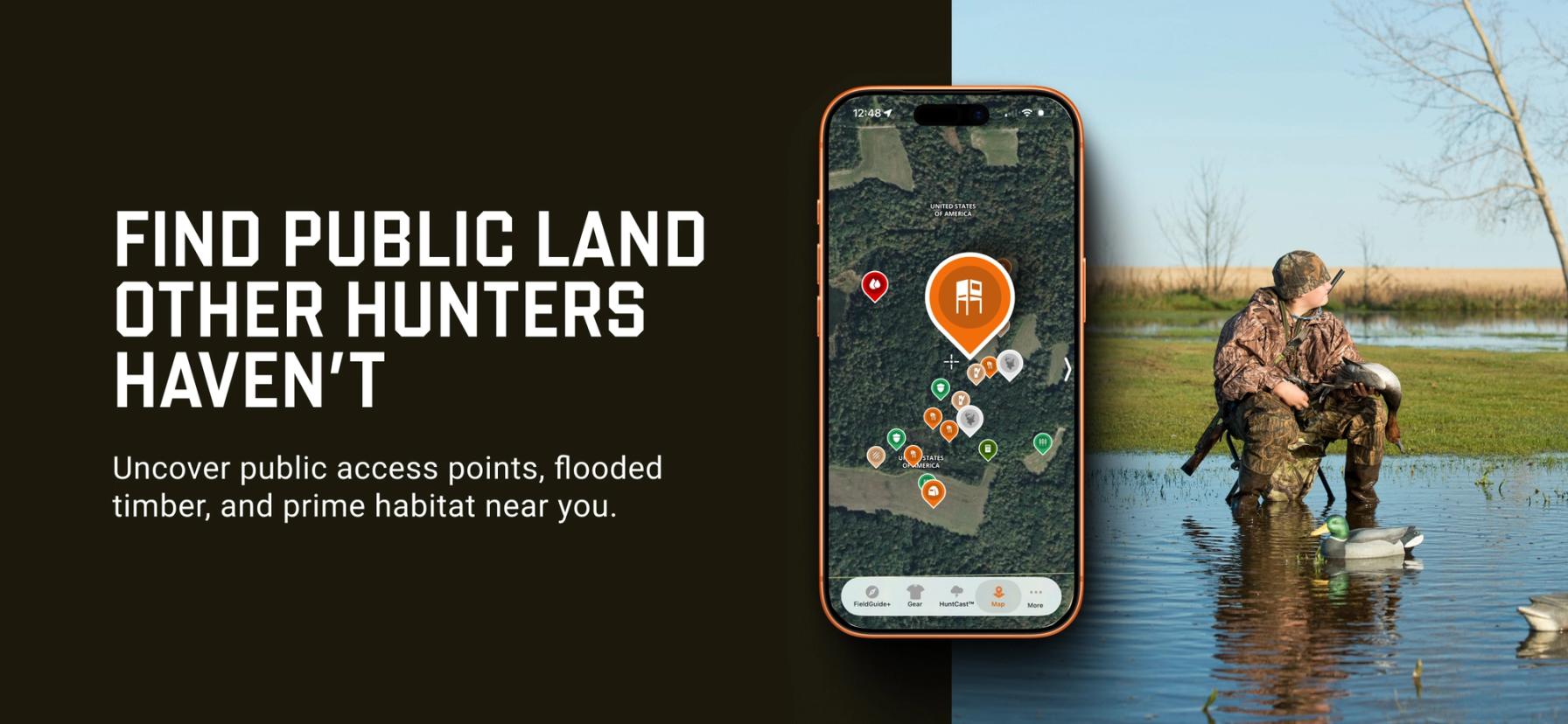 Graphic with text Find Public Land others haven't, Texas waterfowl hunting land concept.