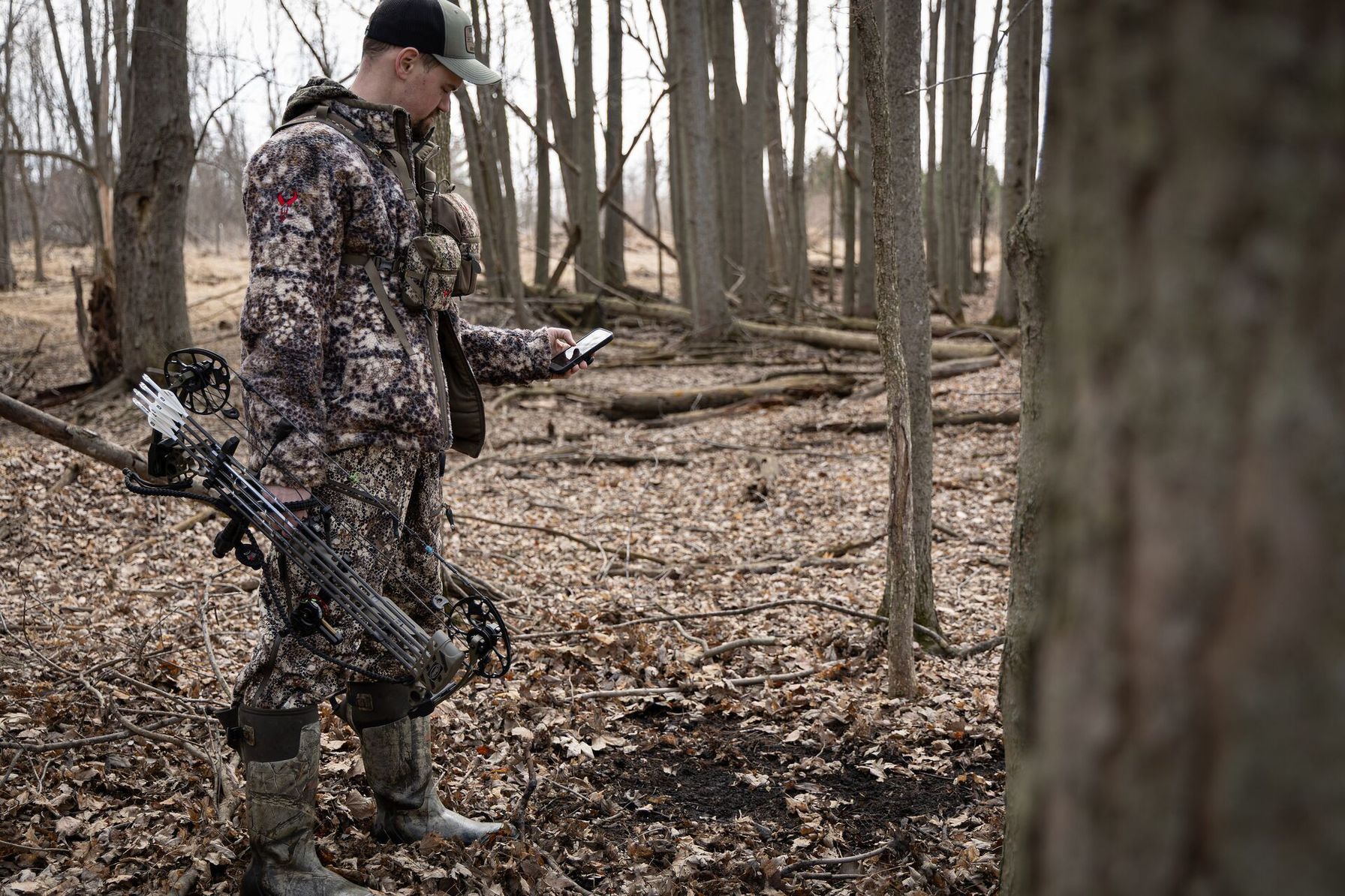 Hunter with bow in the woods looks at phone, finding property lines for hunting concept.