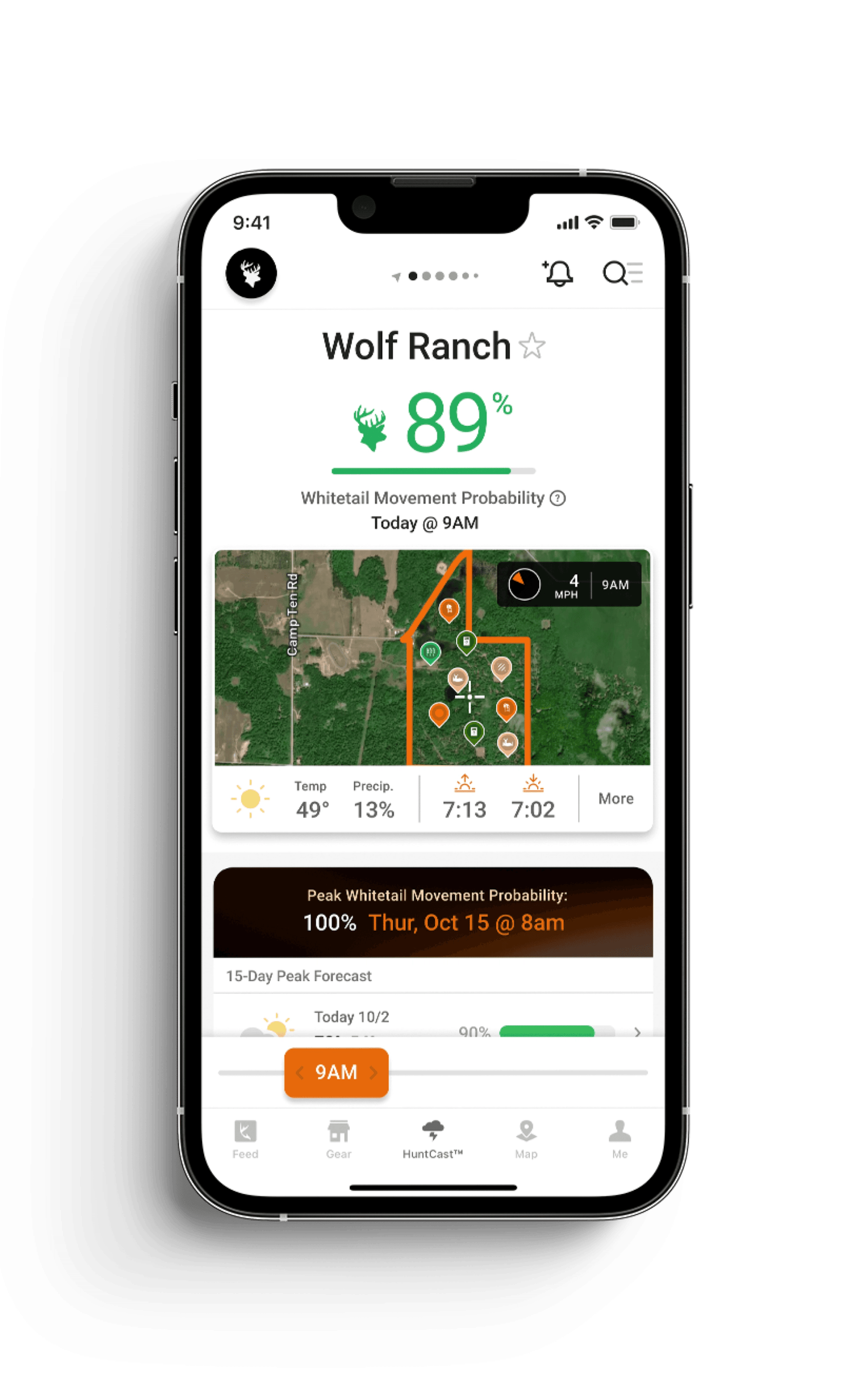 Image of the HuntWise app on a phone screen, tracking barometric pressure for whitetail hunting concept.